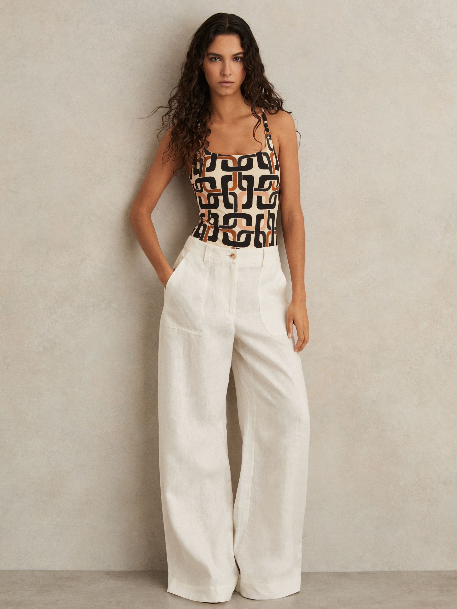 Chain-Print Square-Neck Swimsuit in Brown/Cream