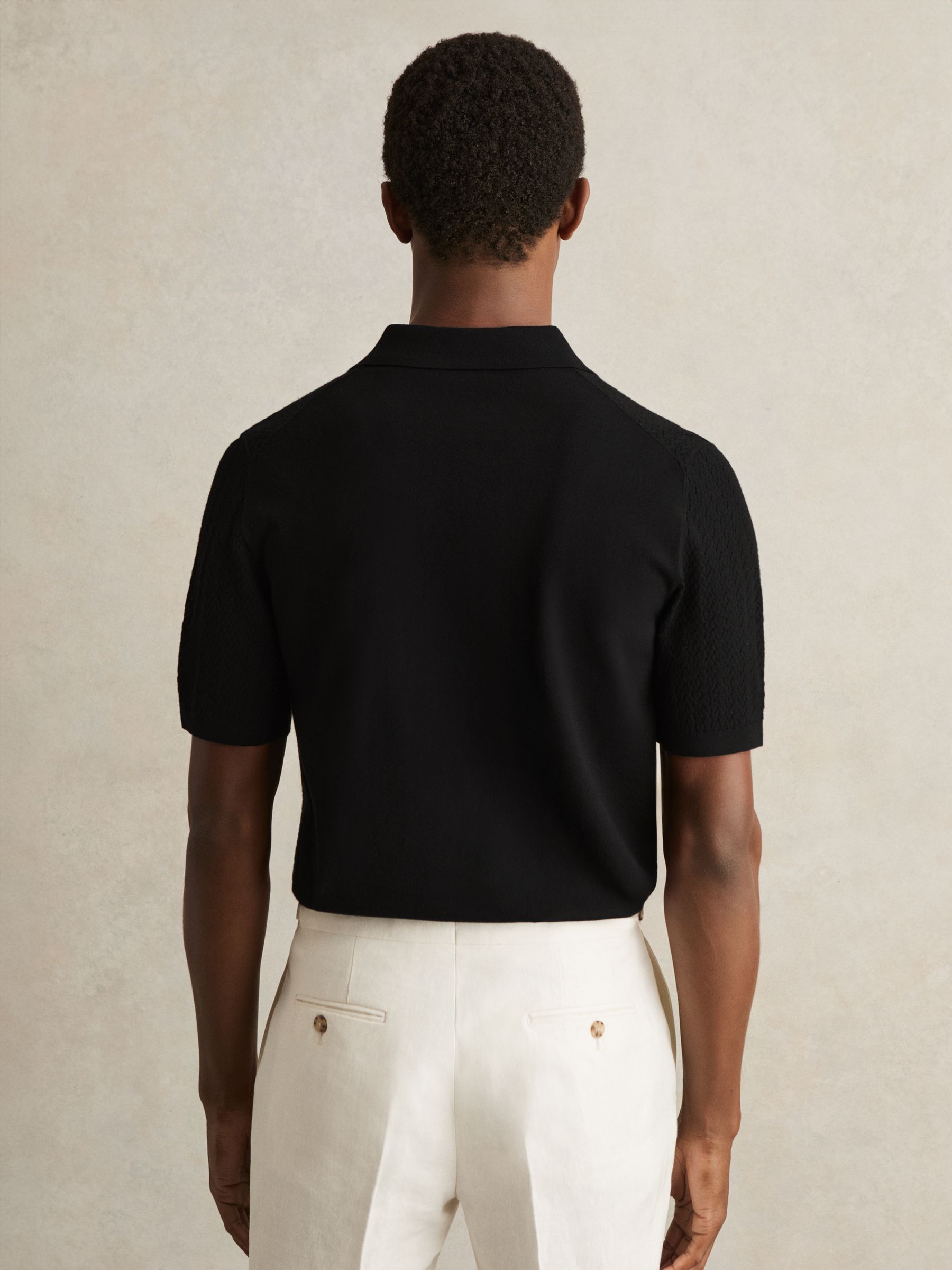 Textured Knit Button-Through Shirt in Black