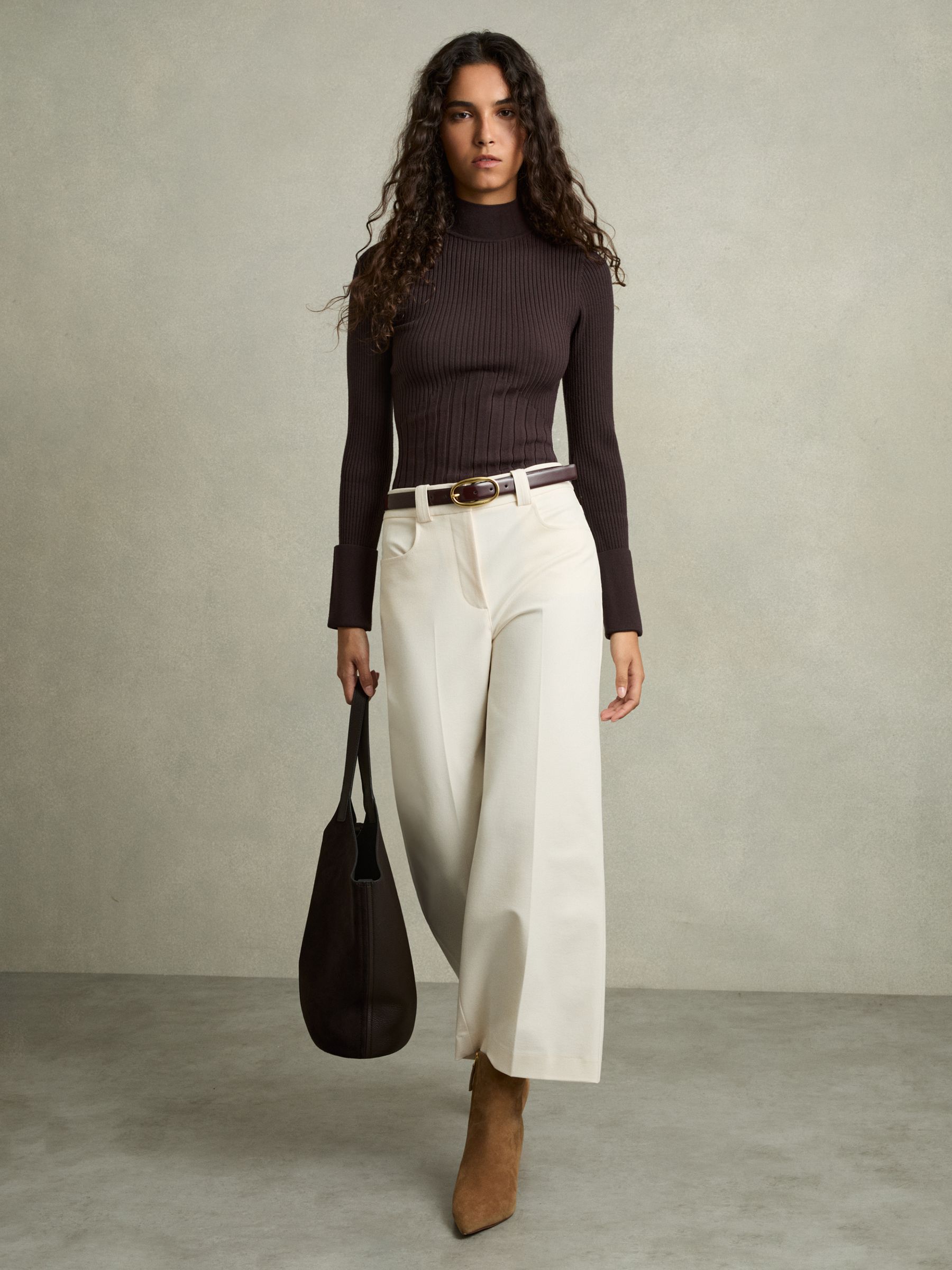 Rib-Knit High-Neck Top in Burgundy