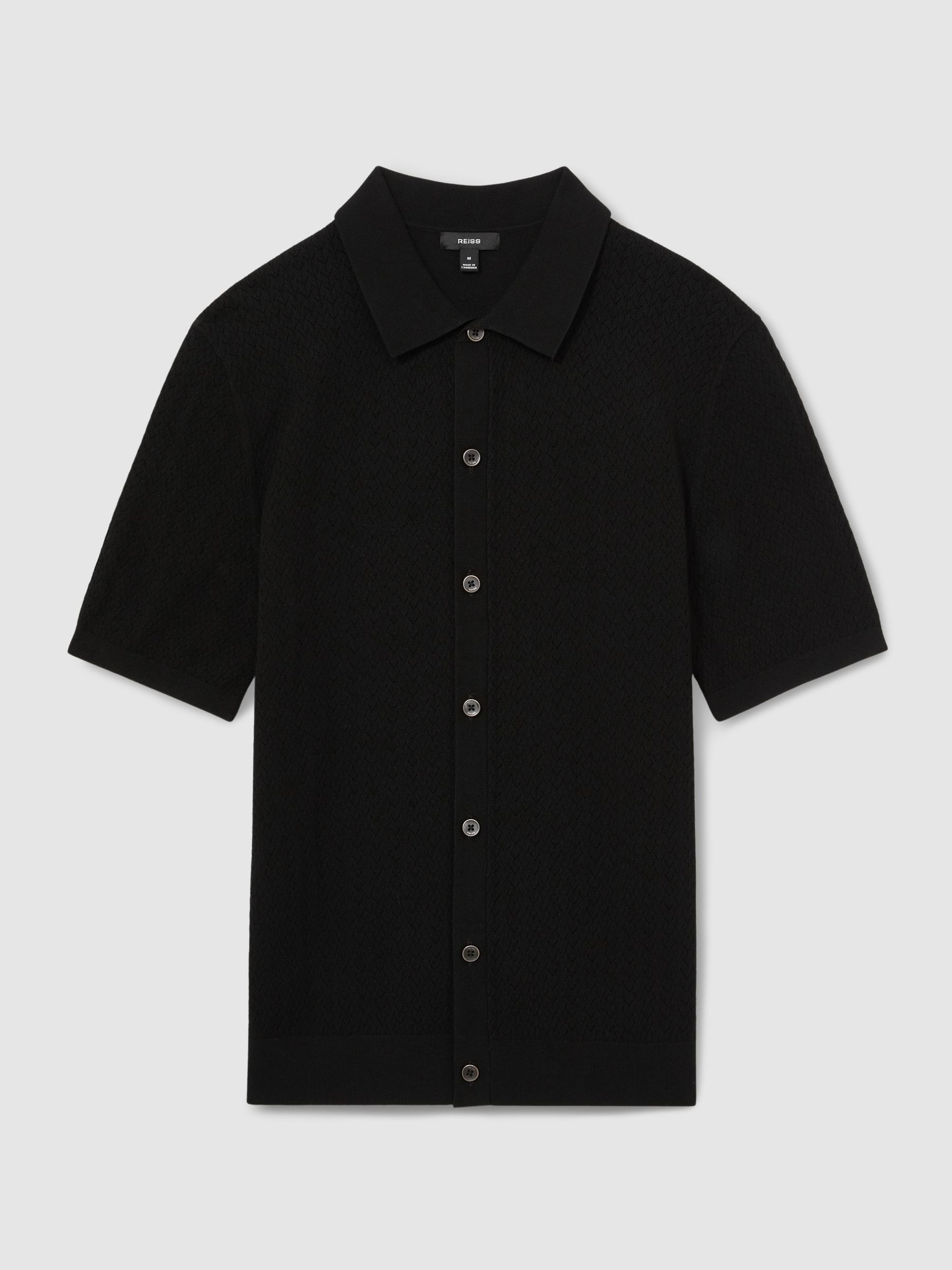Textured Knit Button-Through Shirt in Black