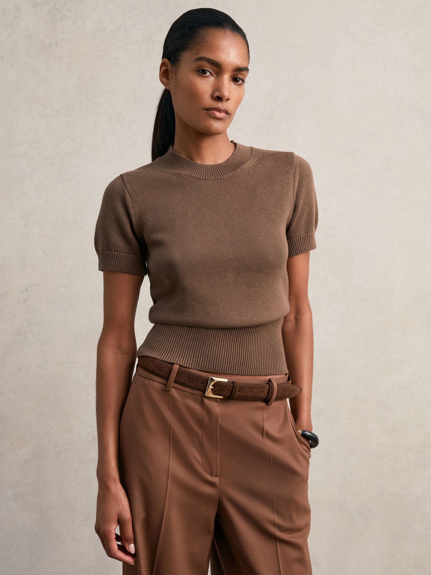 Cotton And Wool Crew-Neck Top in Brown