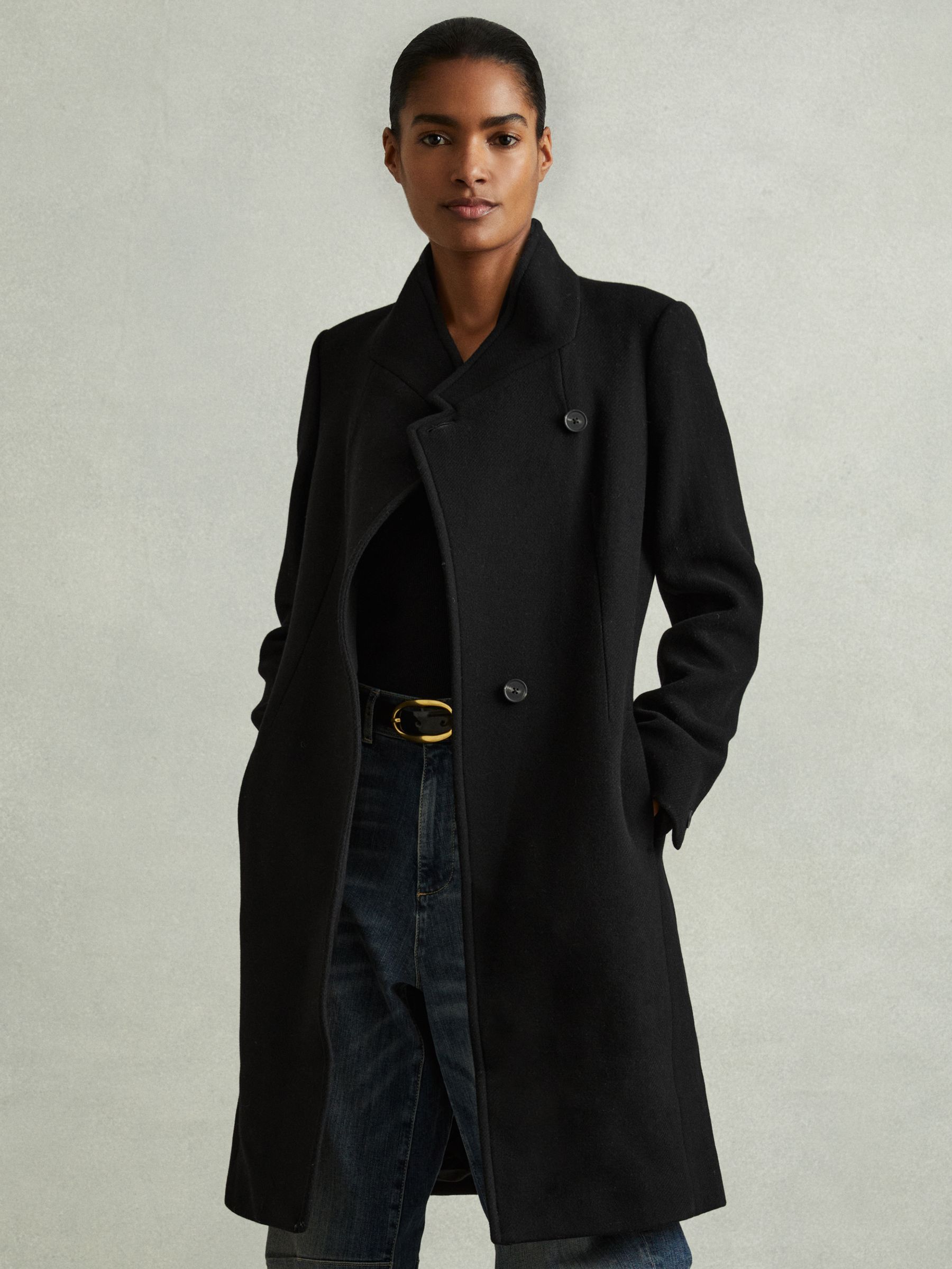 Wool-Blend Longline Double-Breasted Coat in Black
