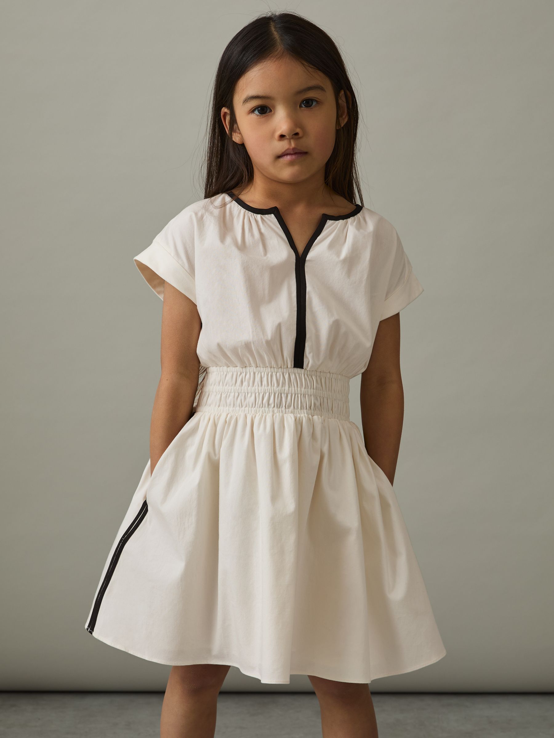 4-9 yrs Cotton Cap-Sleeve Ruched Dress in Ivory