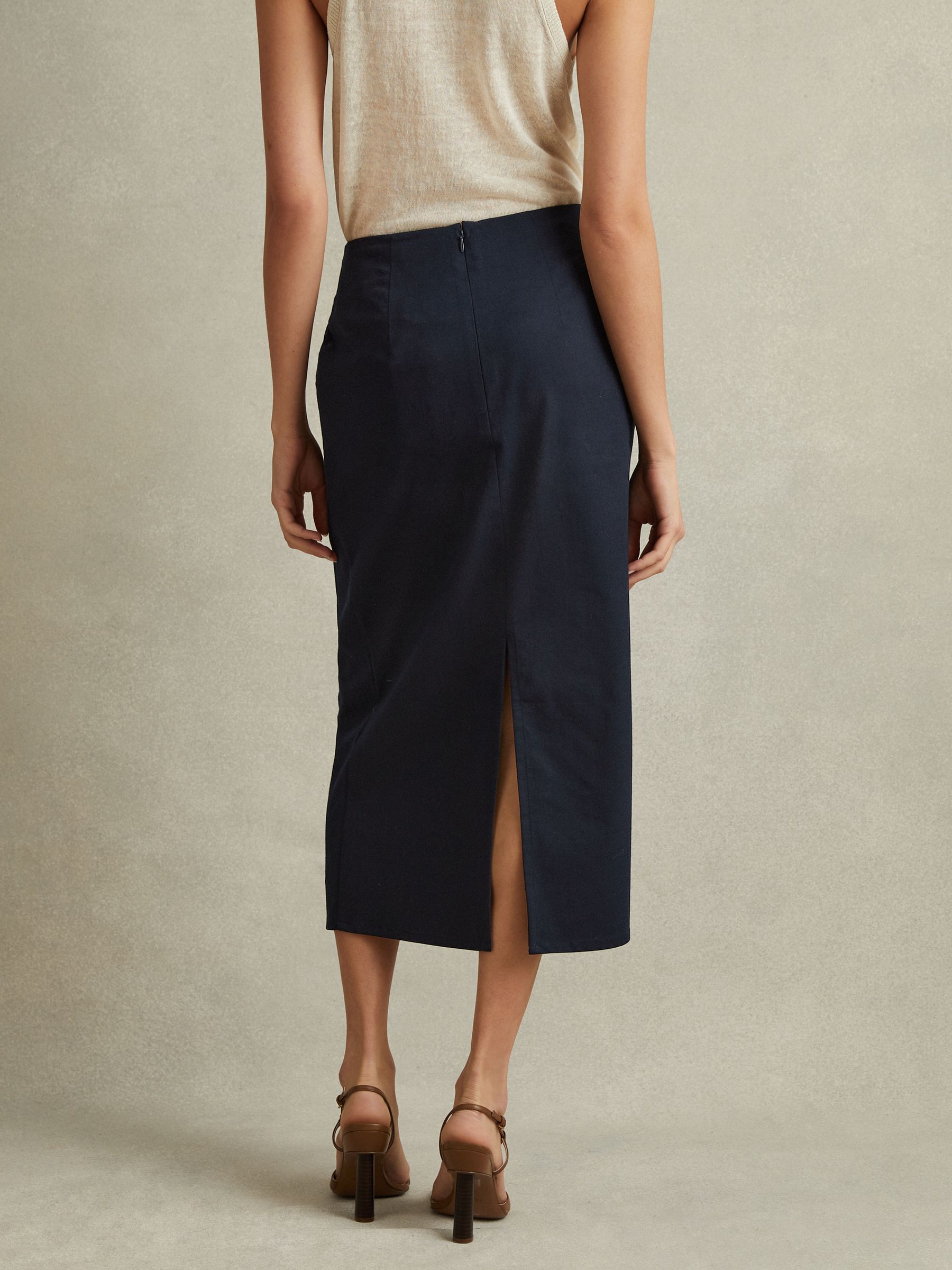 Cotton Blend Wrap Front Midi Skirt in Navy