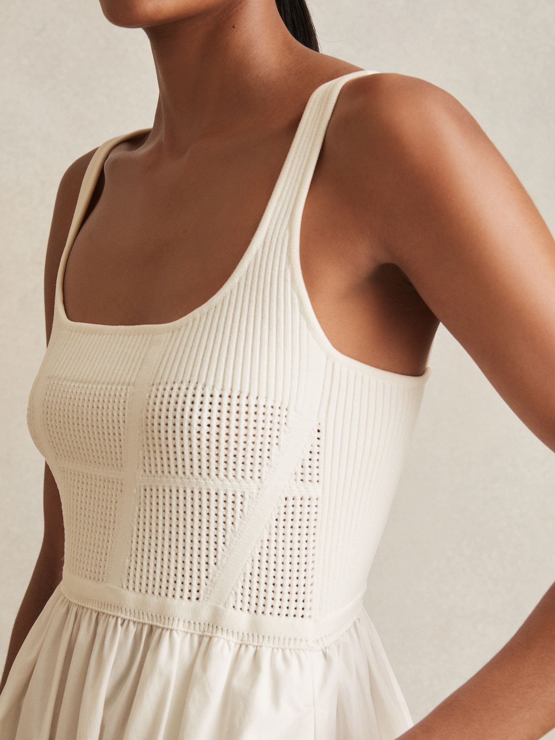 Perforated-Knit Cotton-Skirt Midi Dress in Ivory