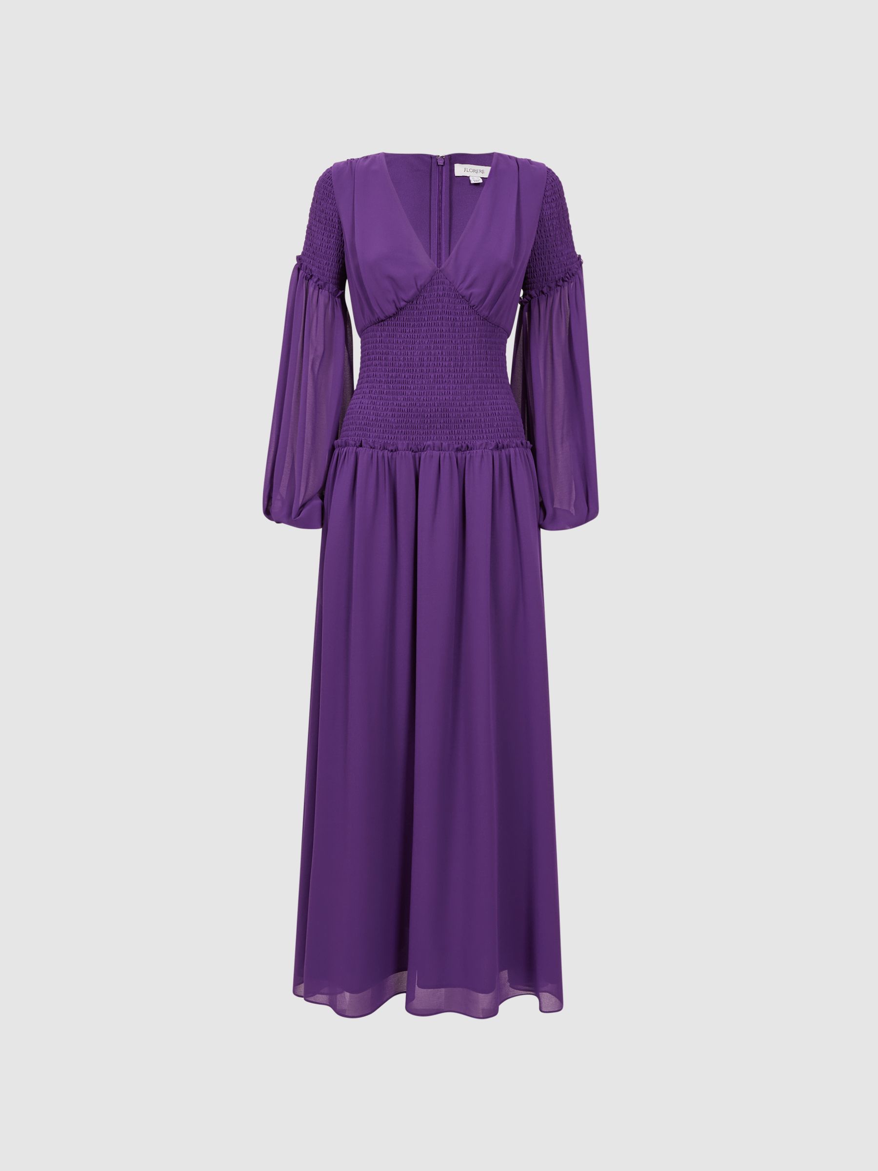 Florere Plunge Neck Shirred Maxi Dress in Dark Purple