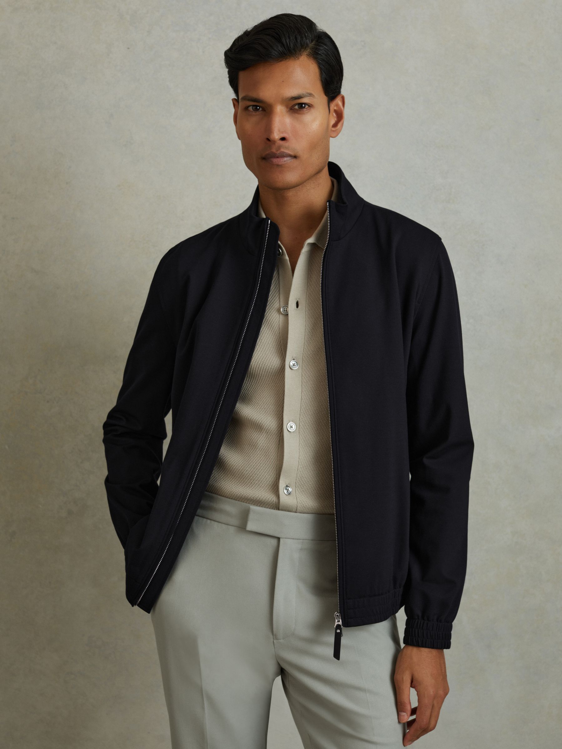 Elasticated Hem Zip-Front Bomber Jacket in Navy