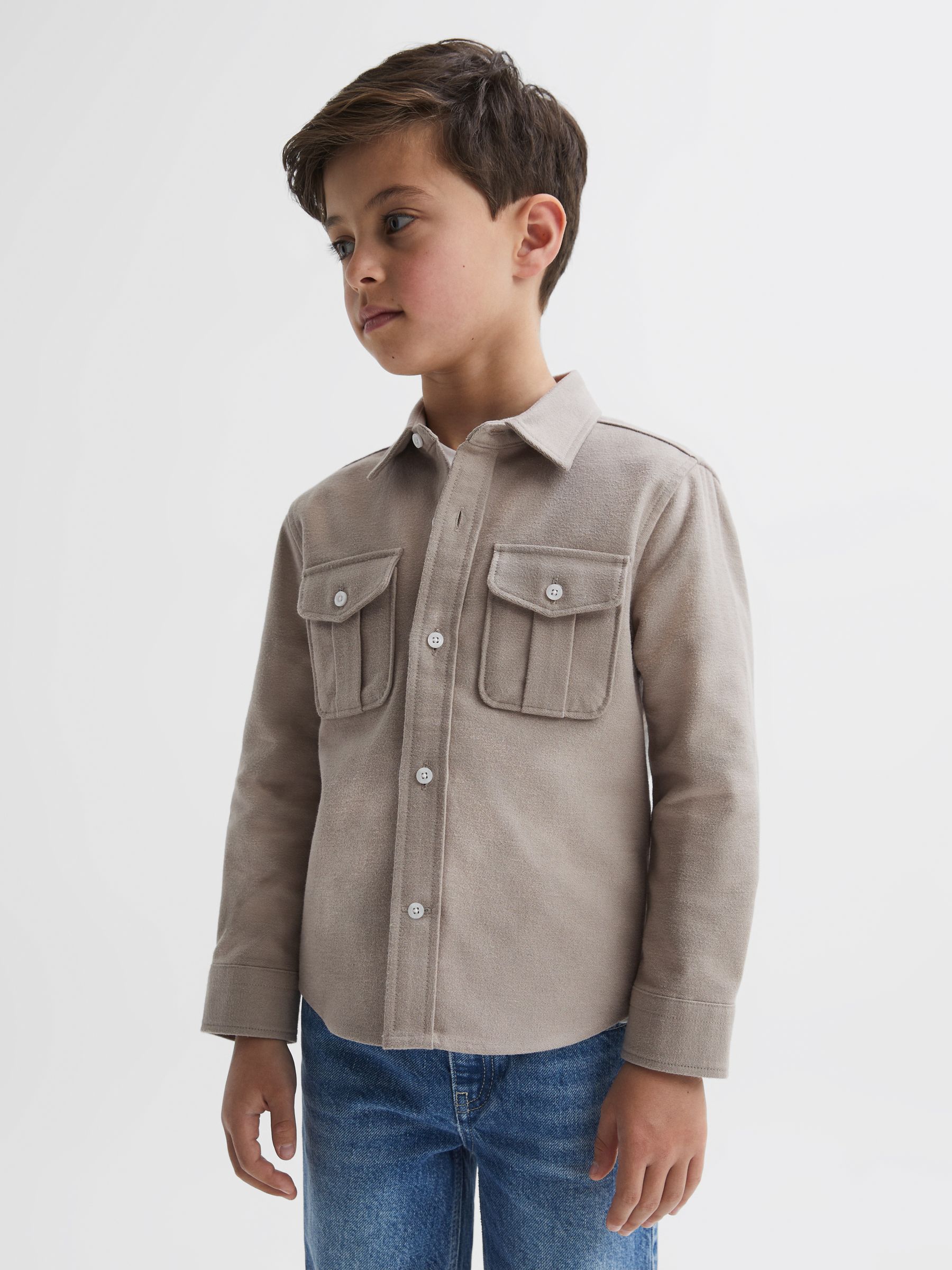 Senior Brushed Cotton Patch Pocket Overshirt in Oatmeal Melange