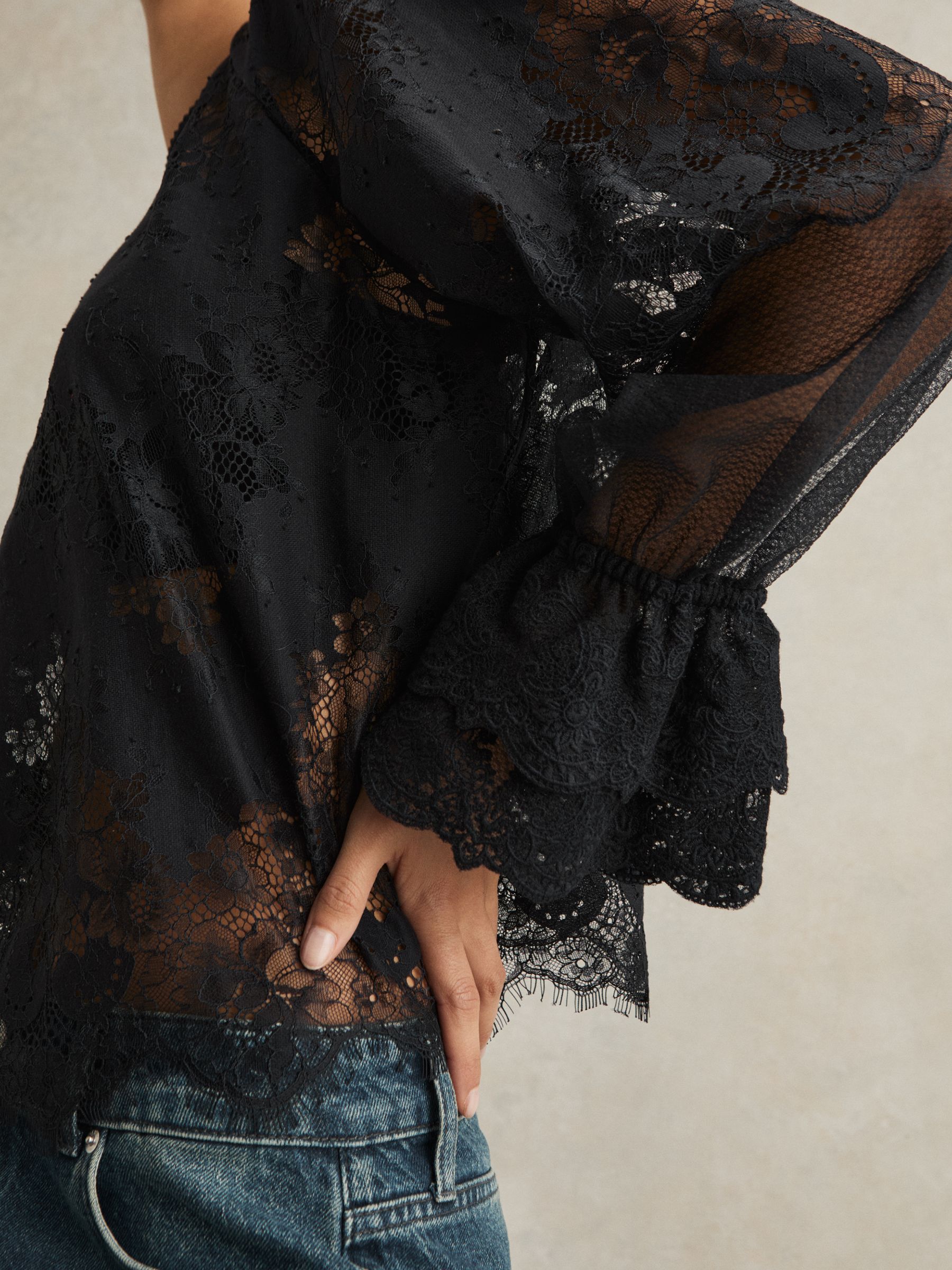 Lace Flared-Cuff Blouse in Navy