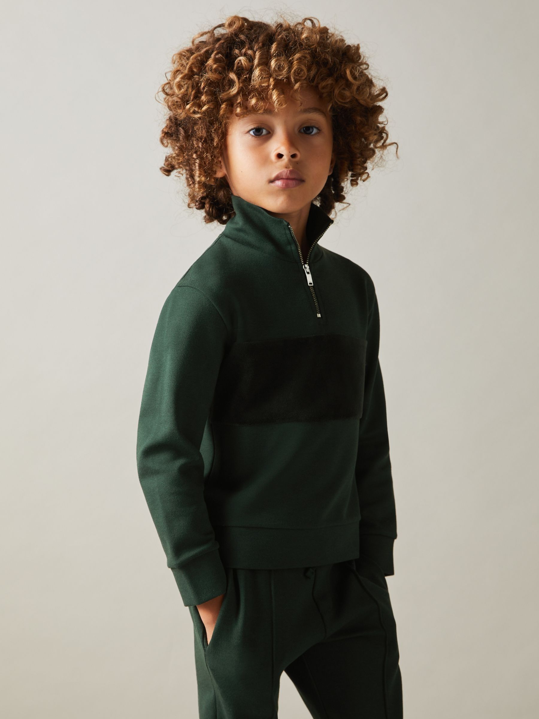 9-13 yrs Slim Fit Half-Zip Funnel Neck Velour Sweatshirt in Emerald Green