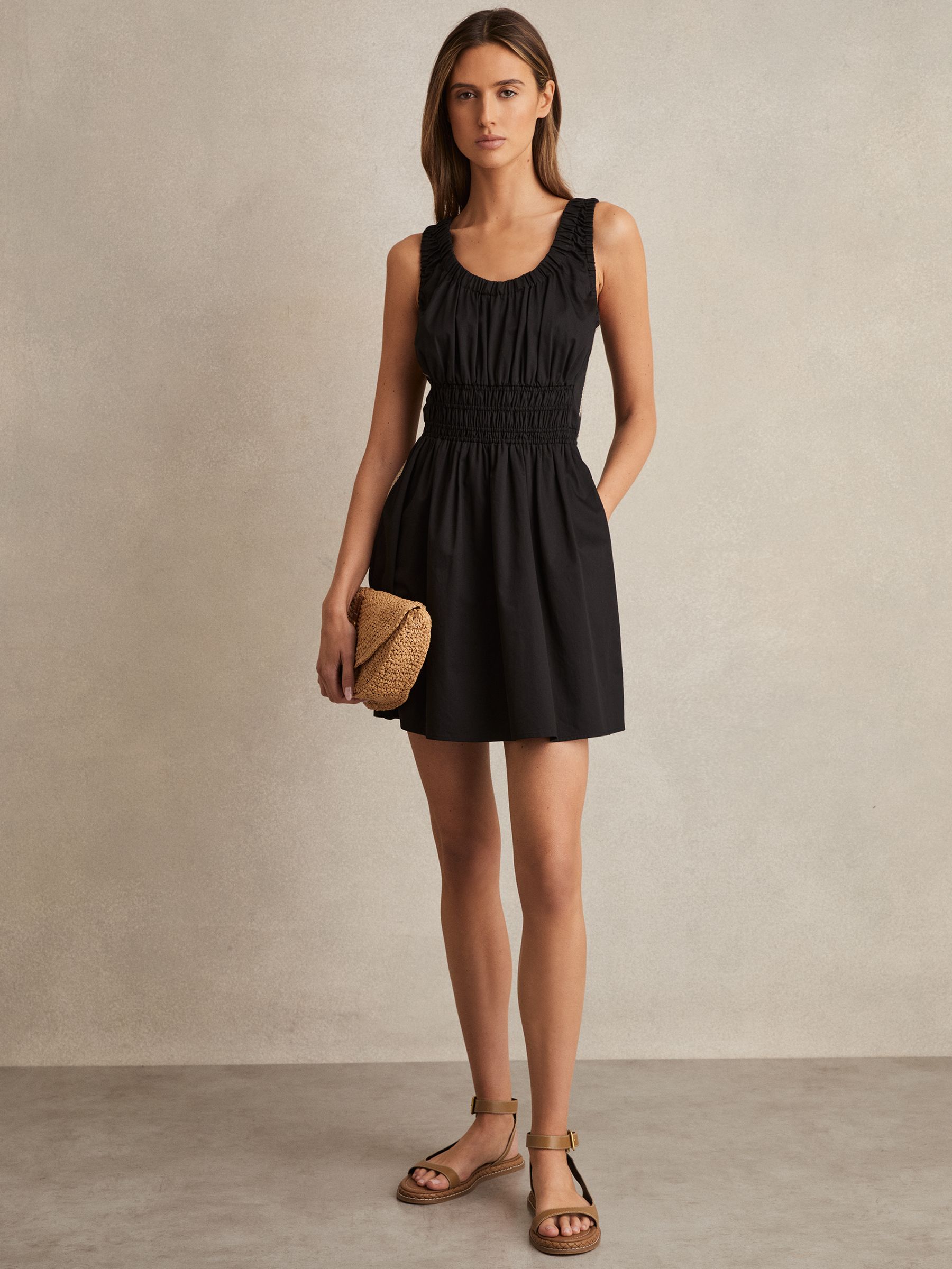 Cotton Craft-Stitch Shirred Mini Dress in Black