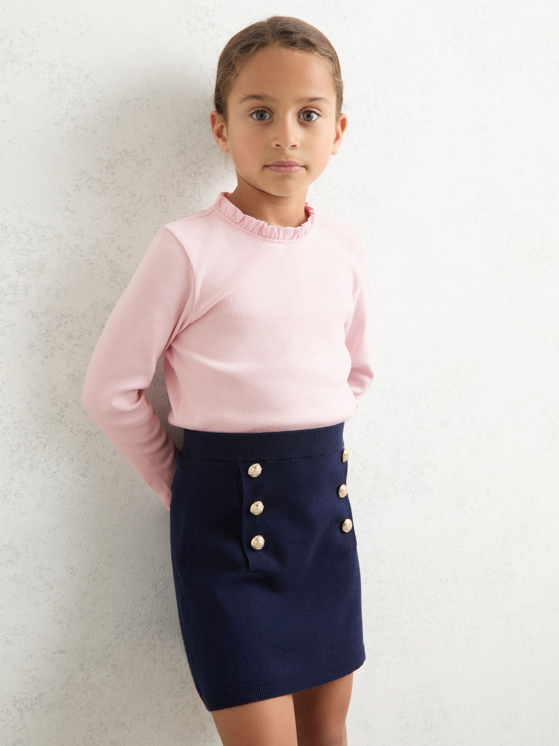 13-14 yrs Stretch-Cotton Ruffle-Neck Top in Pink