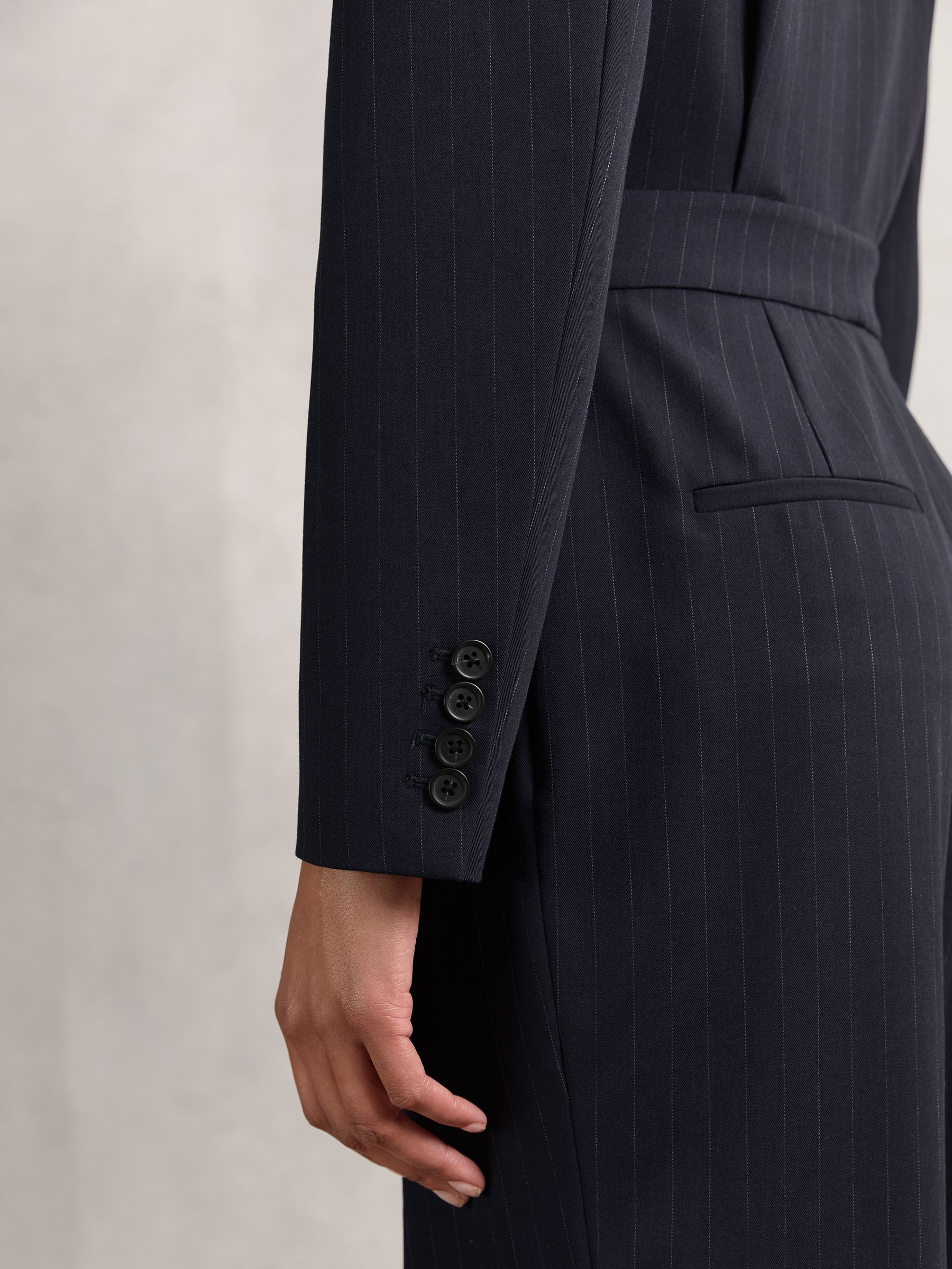 Pinstripe Tailored Wide-Leg Jumpsuit with Wool in Navy