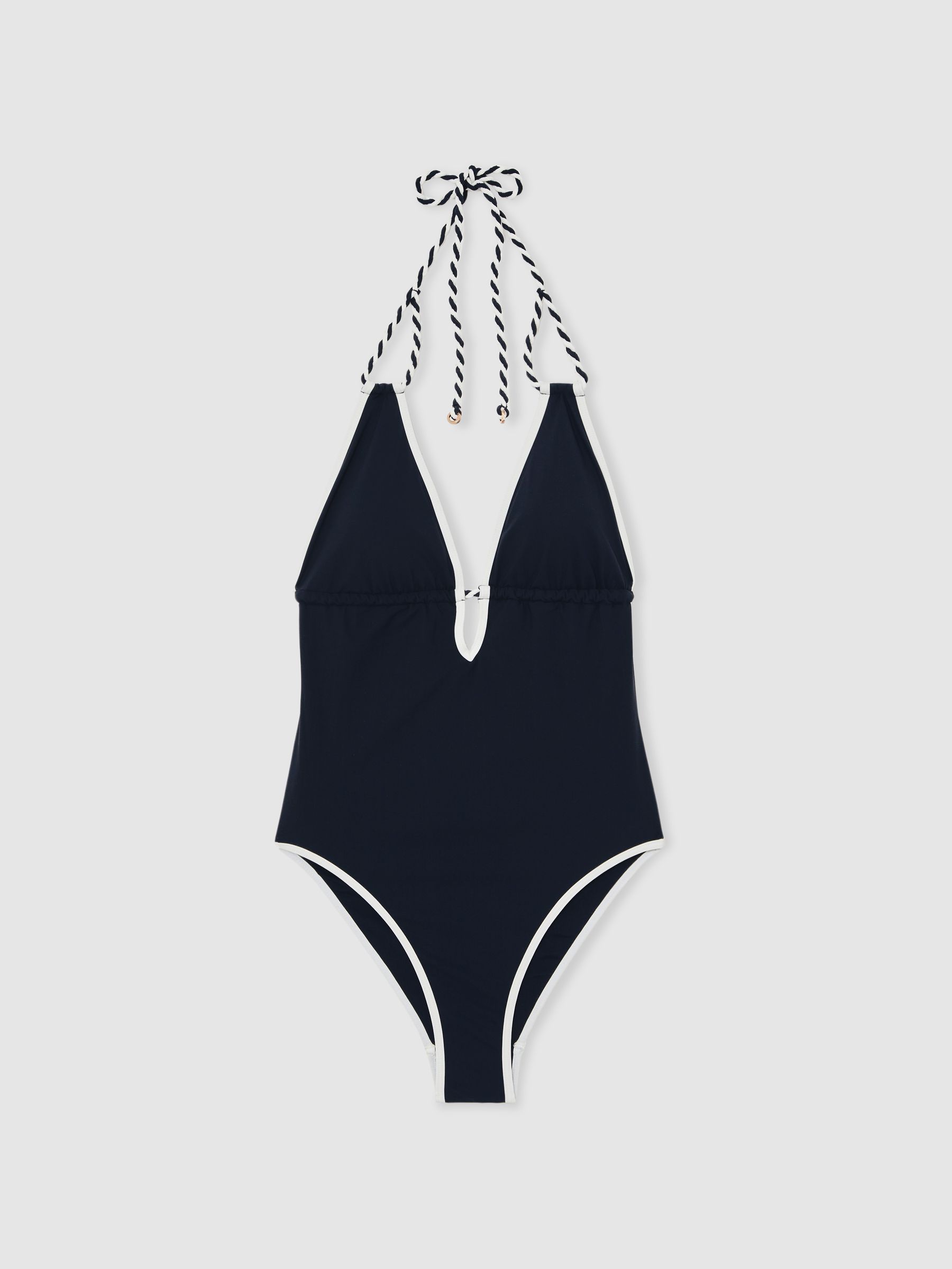 Contrast-Trim Plunge-Neck Swimsuit in Navy/White