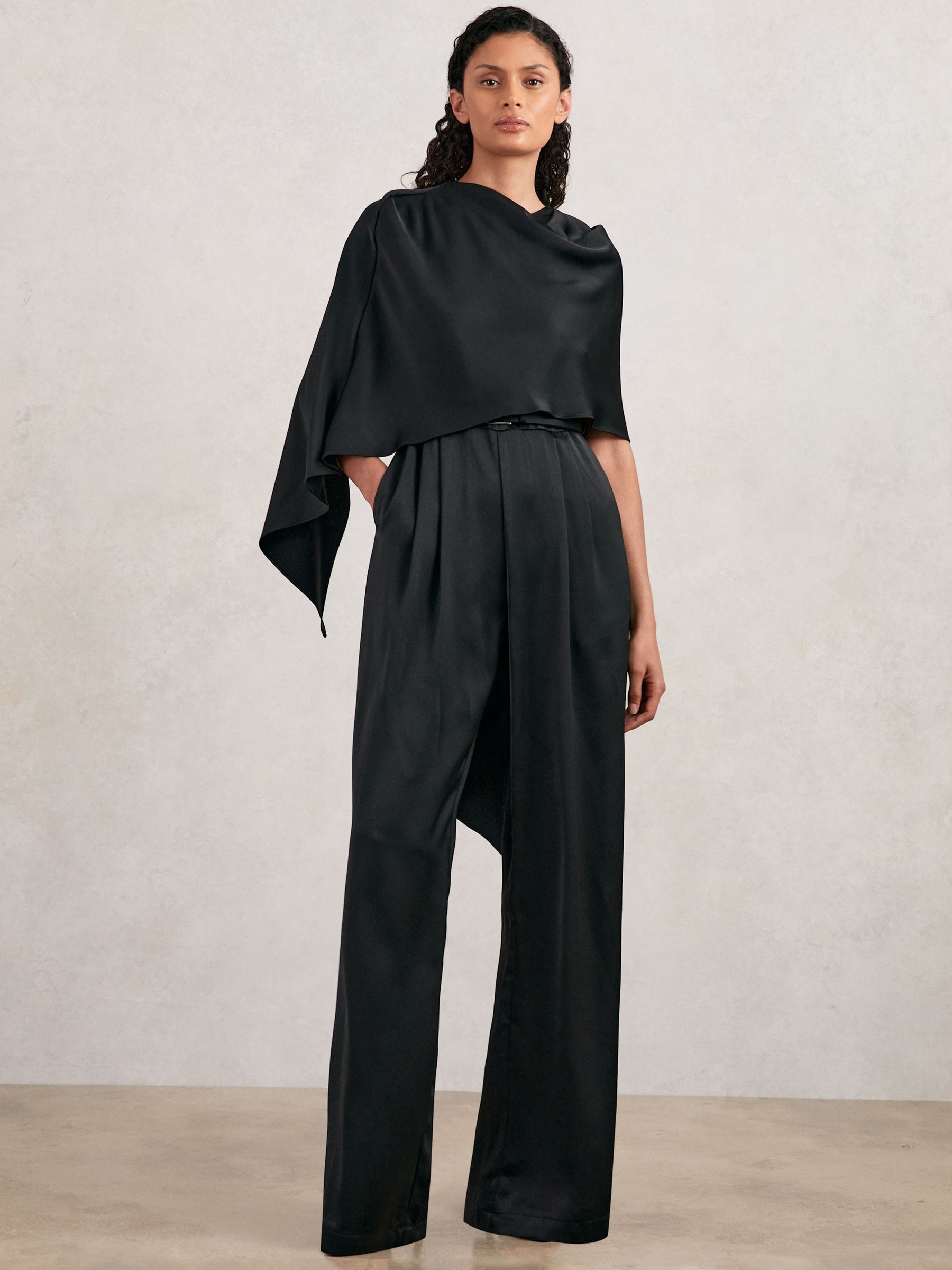 Halston Crepe Wide Leg Cape Jumpsuit in Black