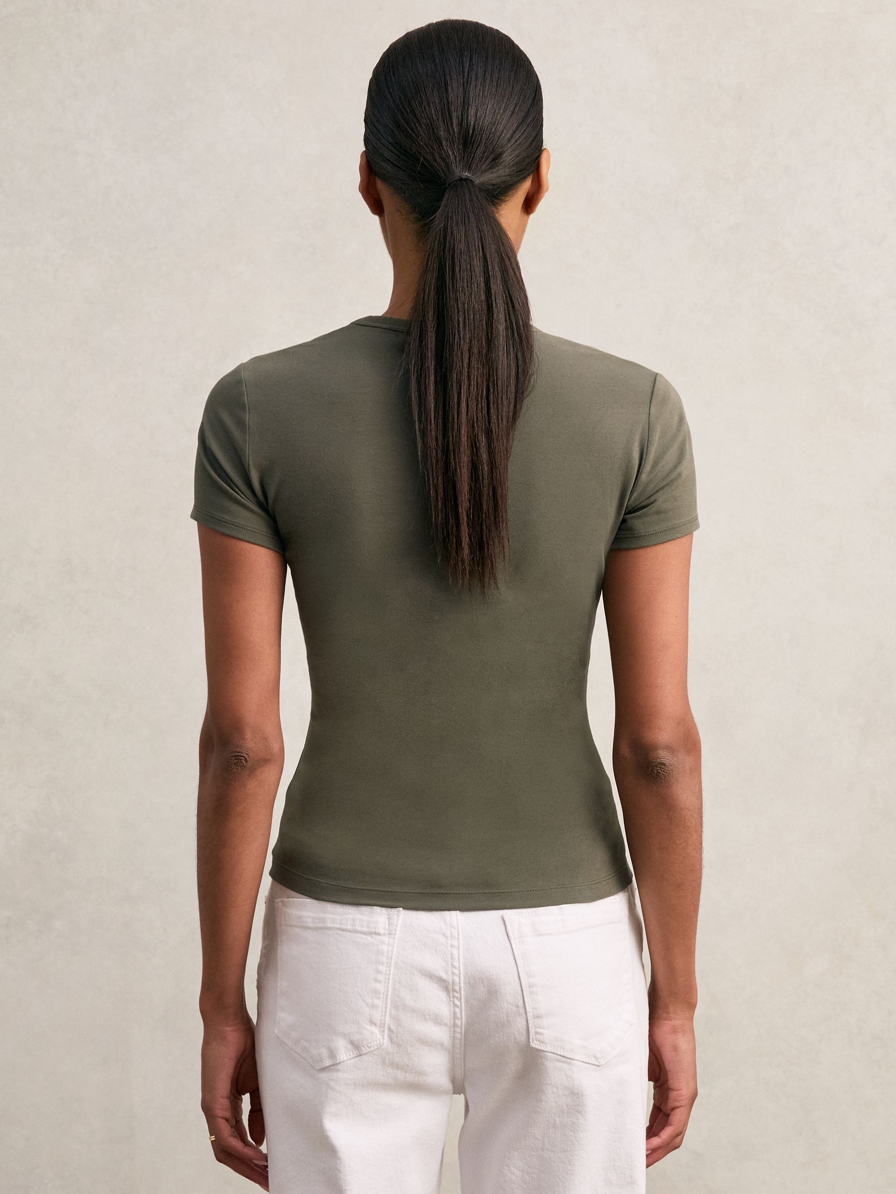 Stretch Cotton V-Neck T-Shirt in Khaki Green