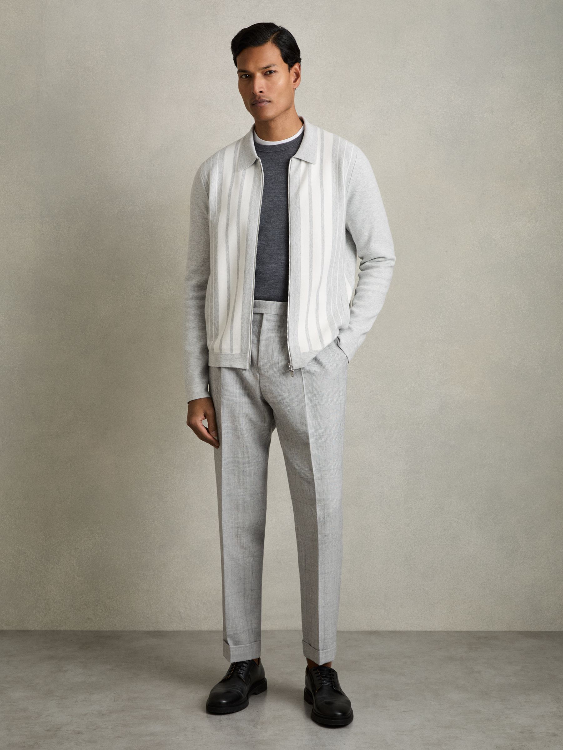 Striped Zip Through Knitted Jacket in Grey Melange/White