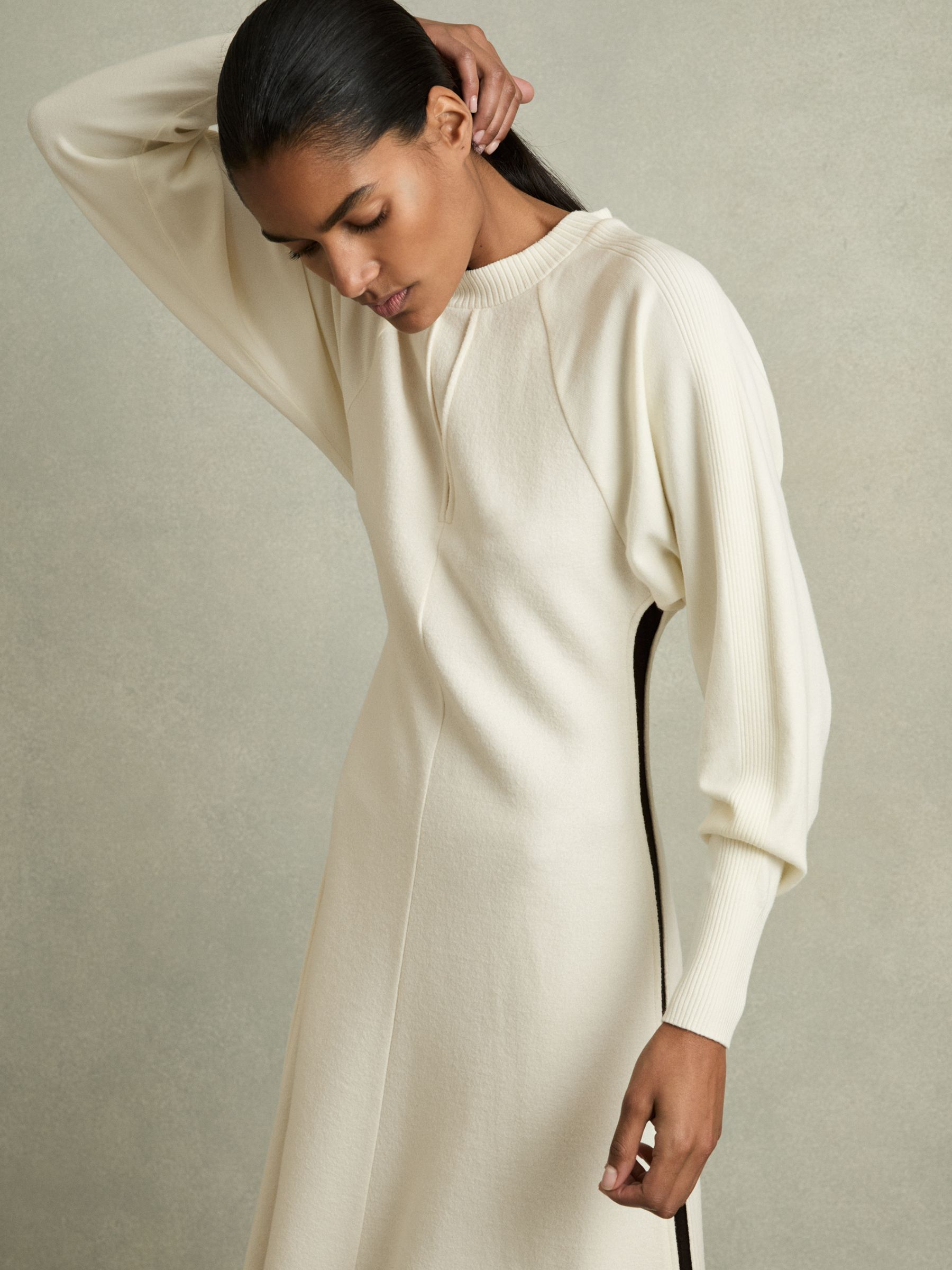 Wool-Blend Hybrid Knitted Midi Dress in Ivory