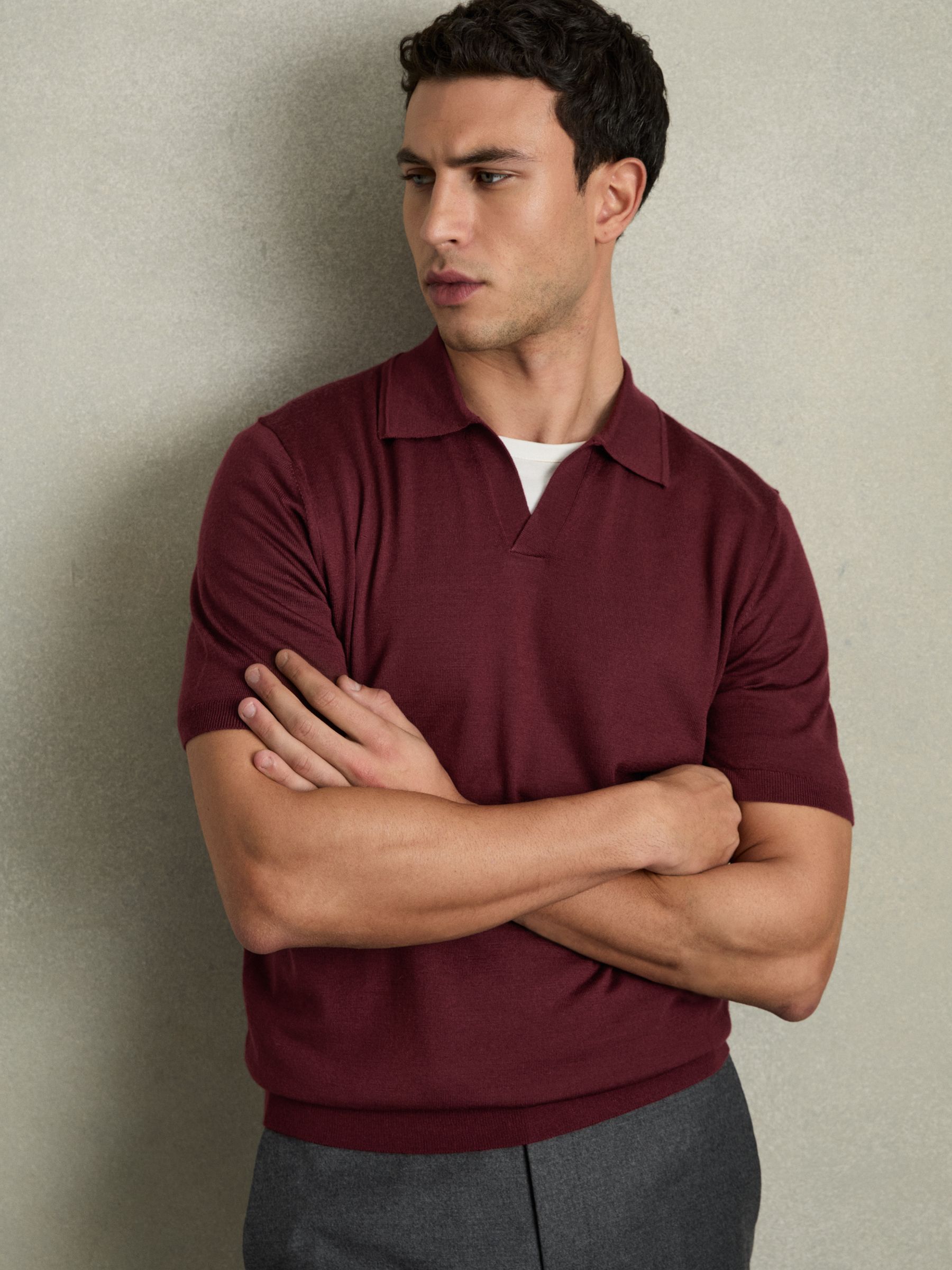 Merino Wool Open Collar Polo Shirt in Claret Red