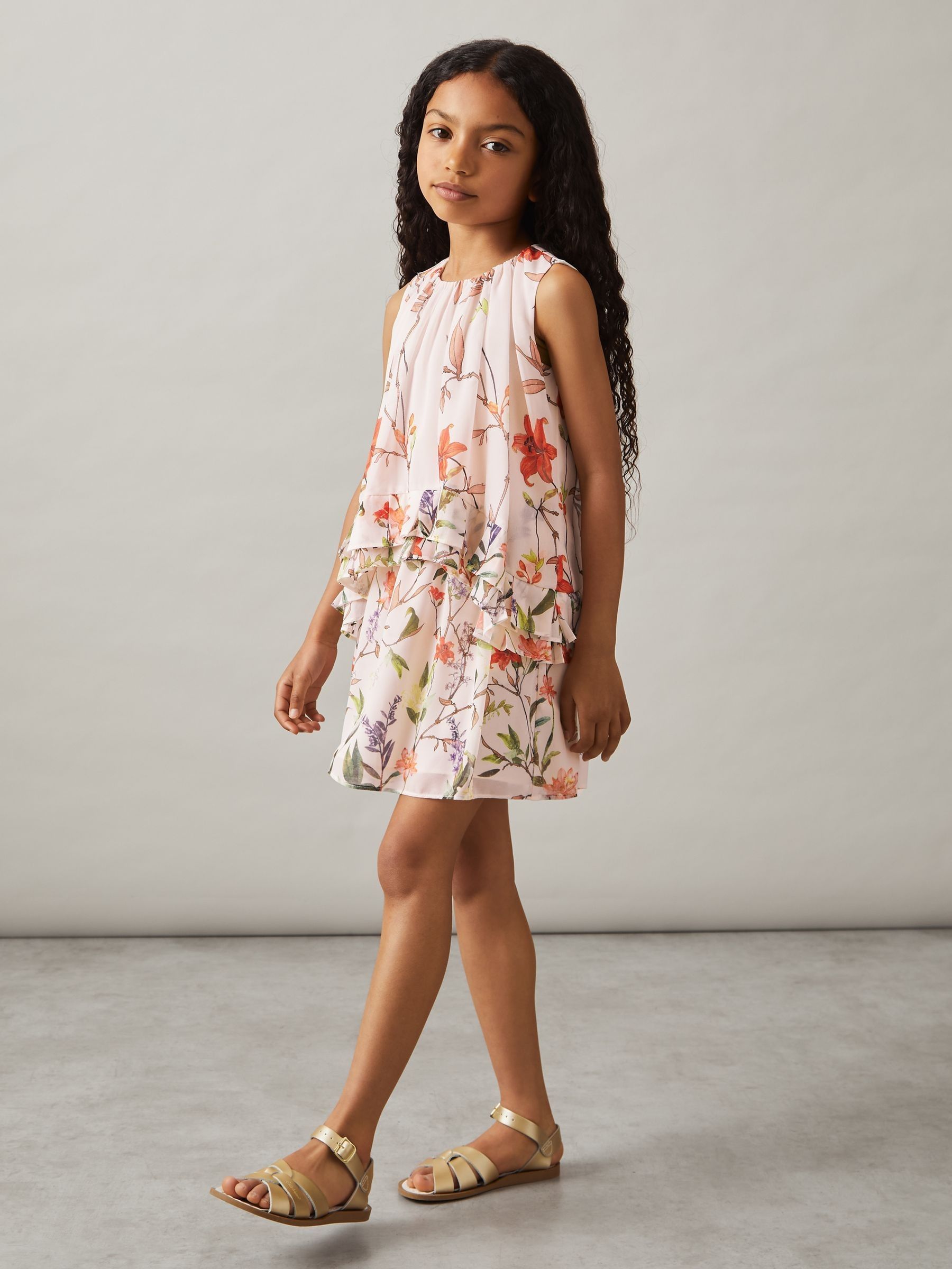 9-13 yrs Chiffon Floral-Print Tiered Dress in Pink Print