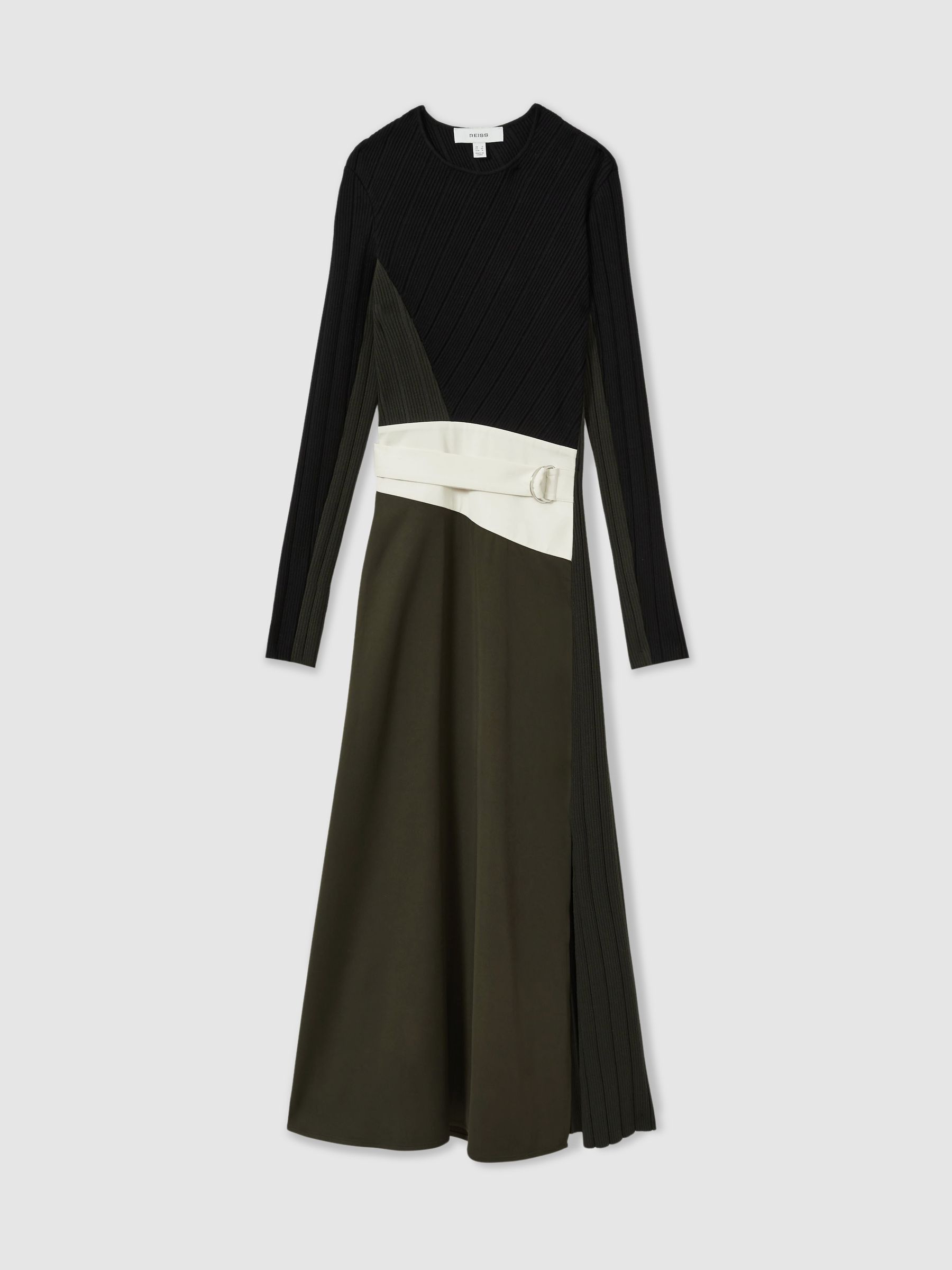 Rib-Knit Panelled Belted Midi Dress in Khaki/Black