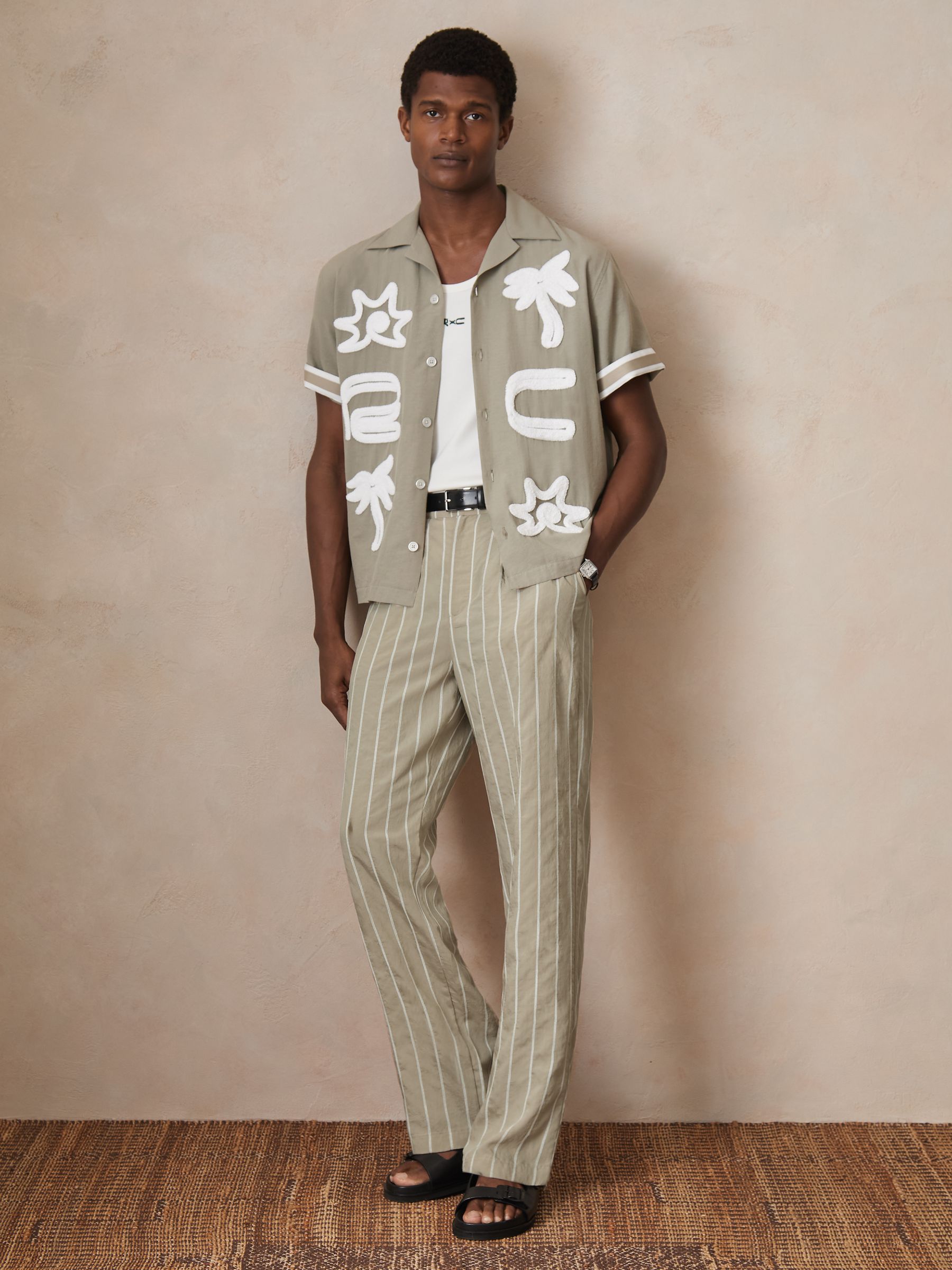 Reiss | Ché Pinstripe Wide-Leg Trousers in Stone