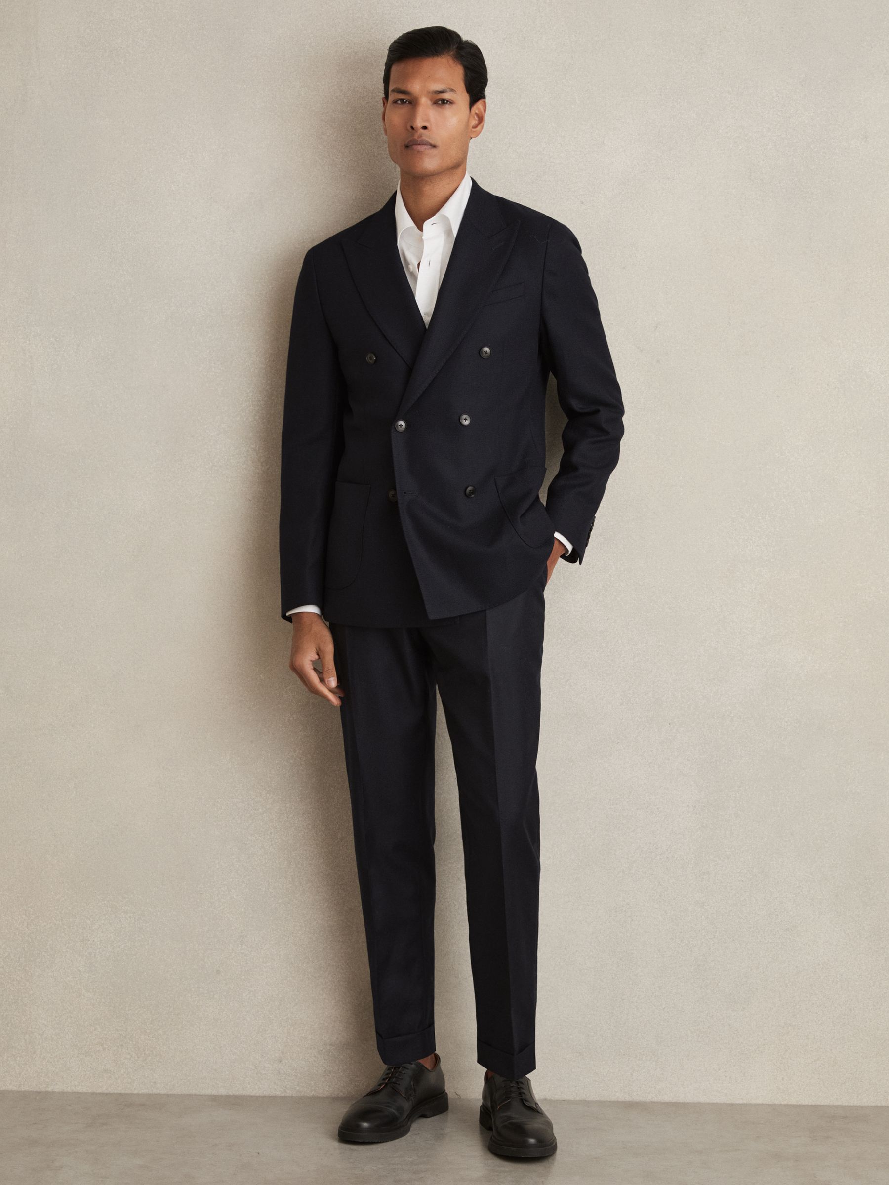 Slim-Fit Double-Breasted Textured Wool-Blend Suit Blazer in Navy