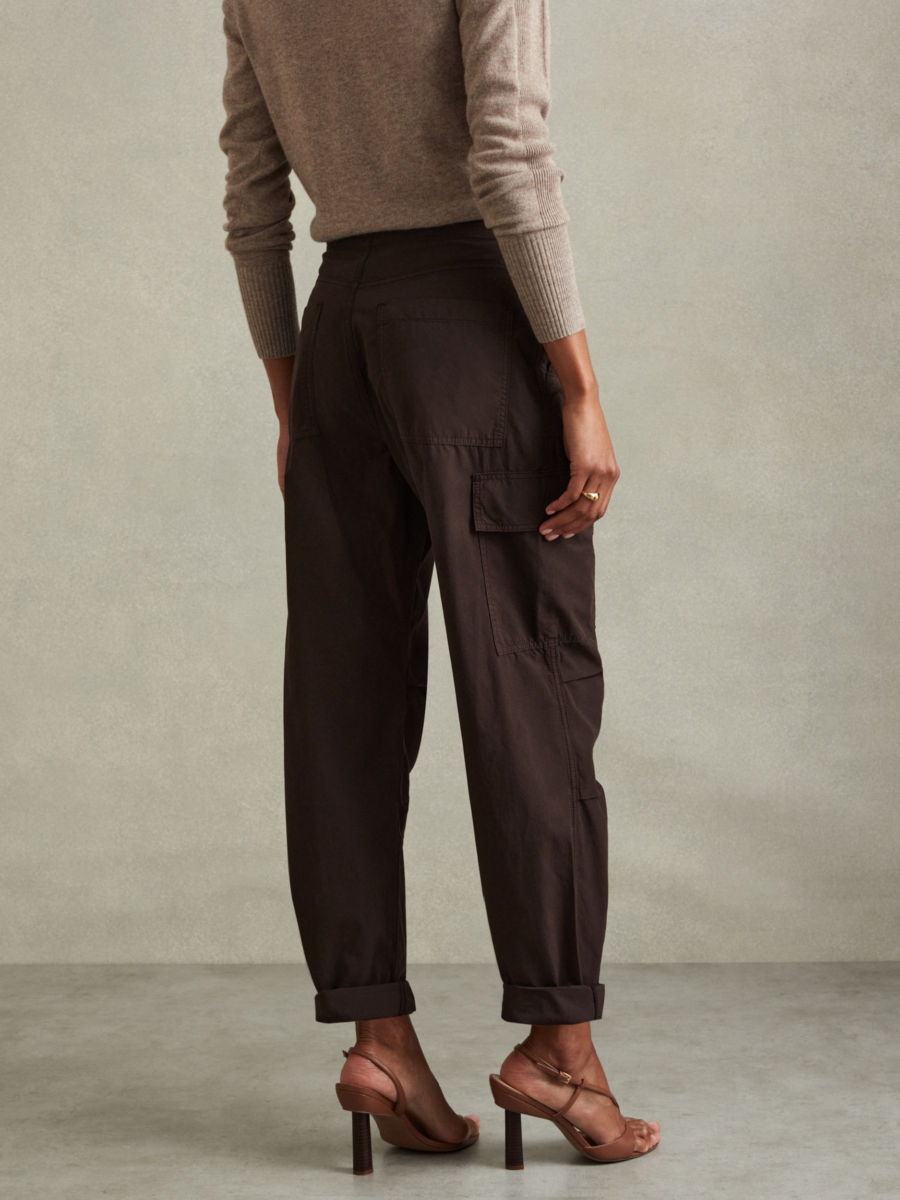Tapered Drawstring Cotton Combat Trousers in Chocolate