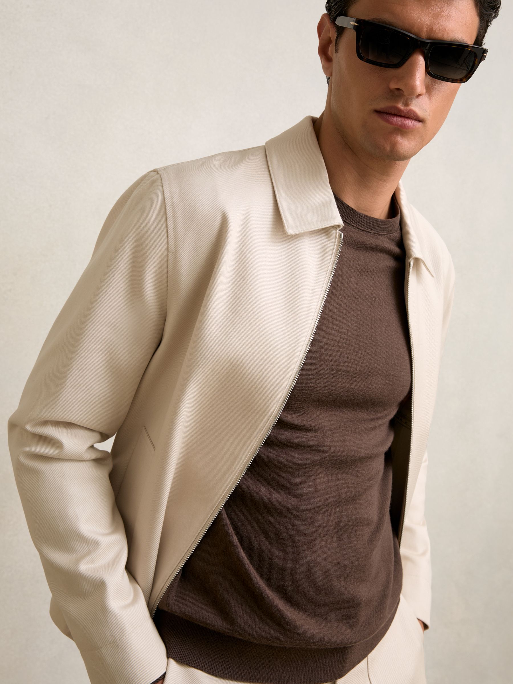 Lyocell-Cotton Zip-Through Twill Jacket in Ecru