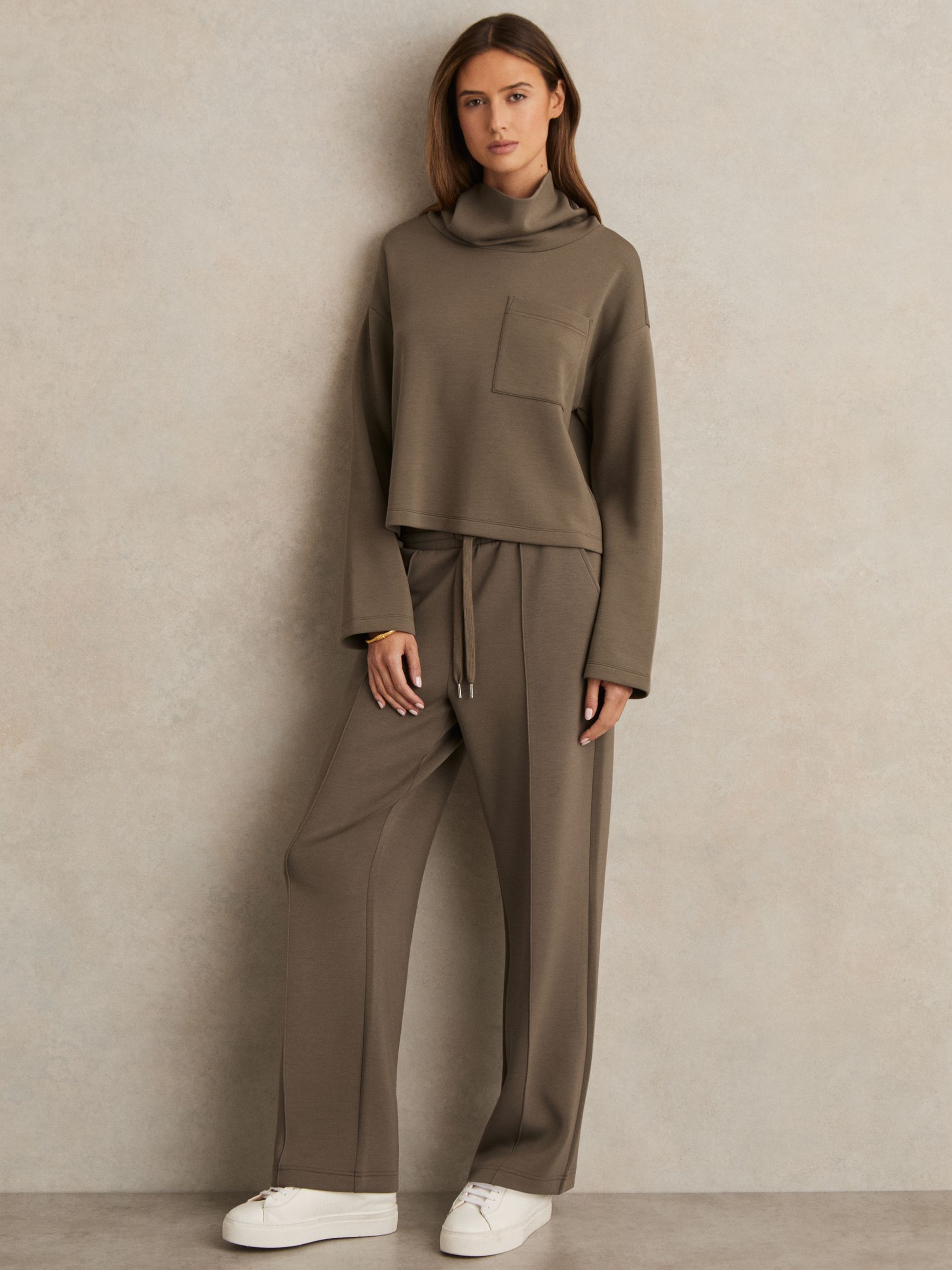 Petite Modal-Blend Interlock Wide-Leg Joggers in Khaki Green