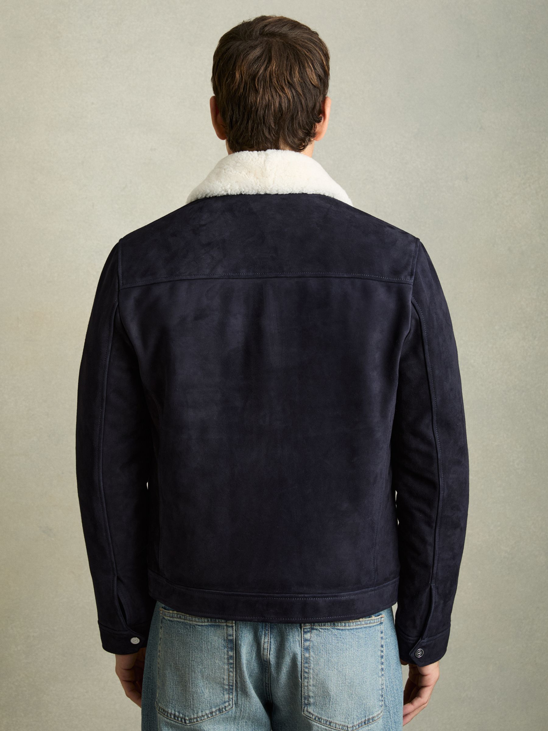 Suede Shearling-Collar Jacket in Navy