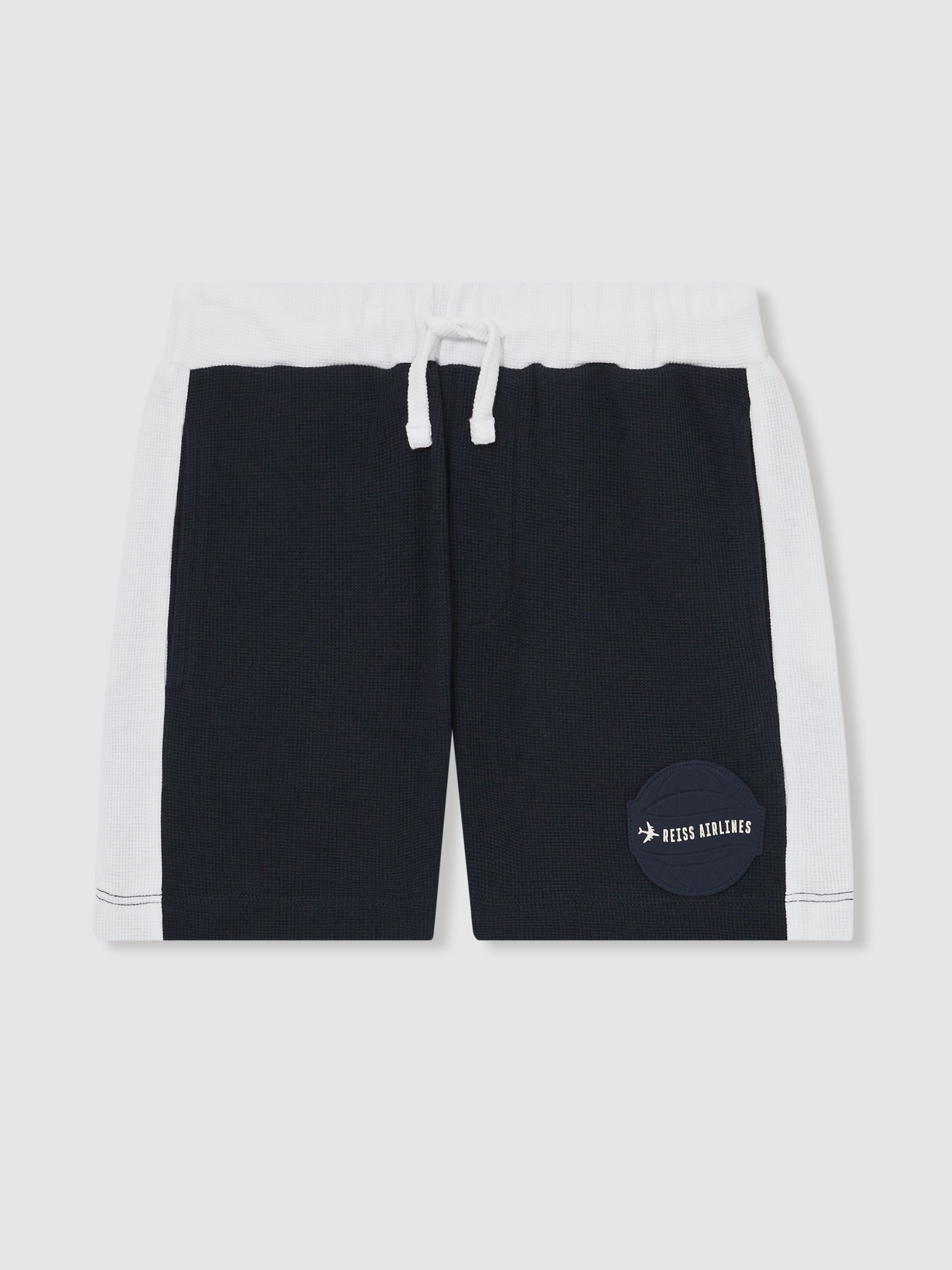9-13 yrs Cotton Waffle-Knit Badge Shorts in Off White/Navy