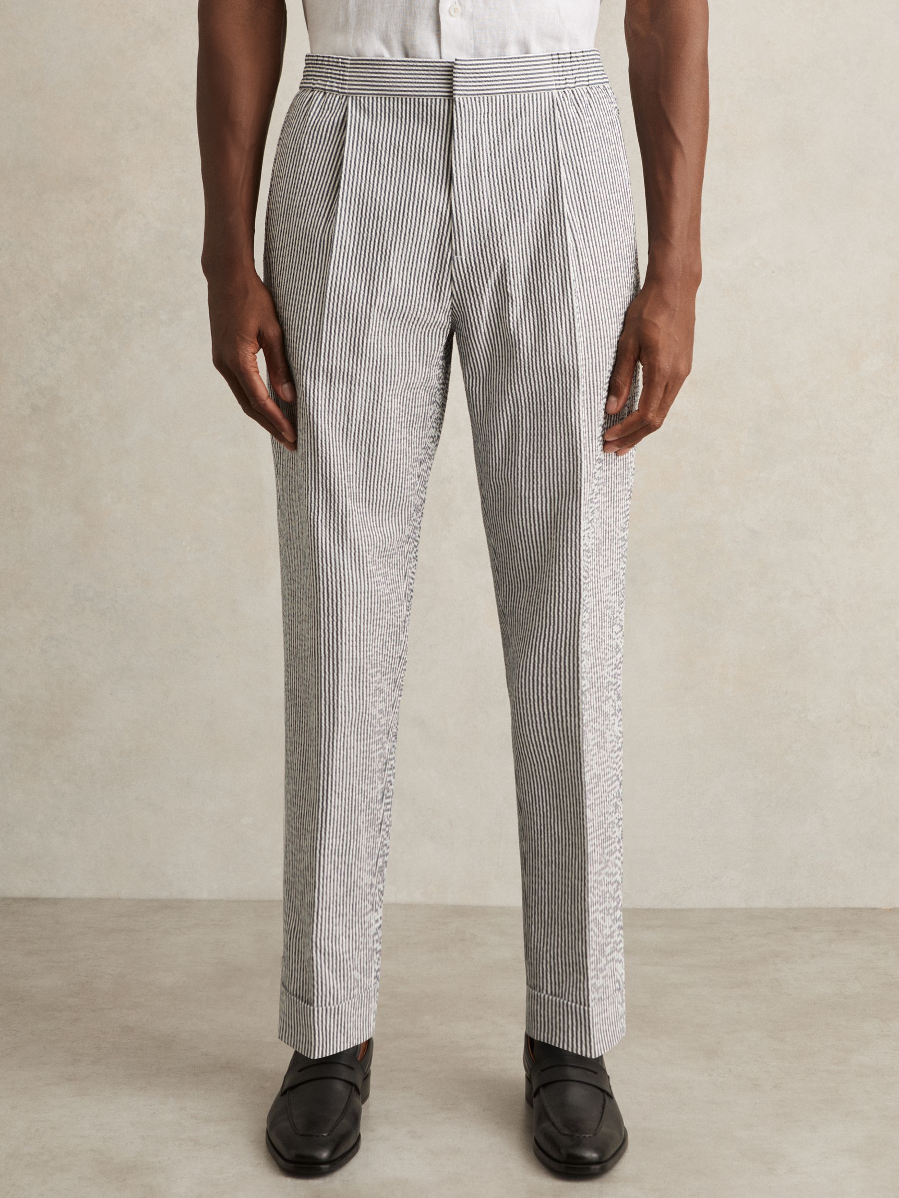 Stretch Seersucker Stripe Trousers in Navy/White