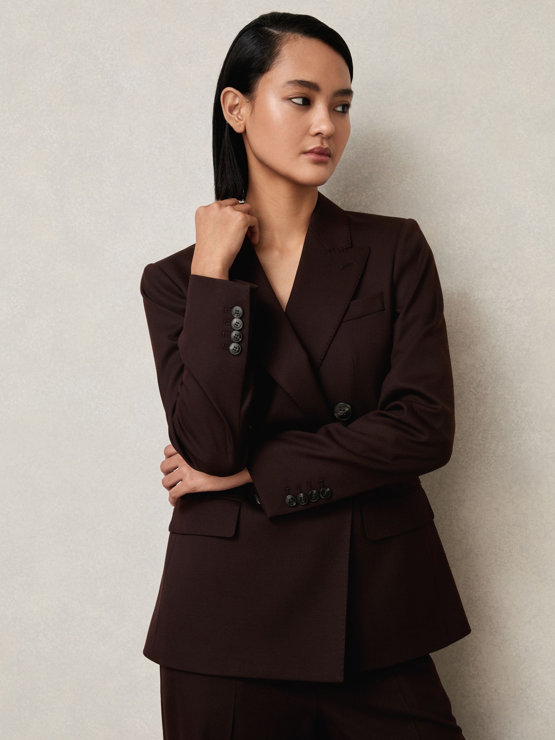 Wool-Blend Double-Breasted Suit Blazer in Aubergine