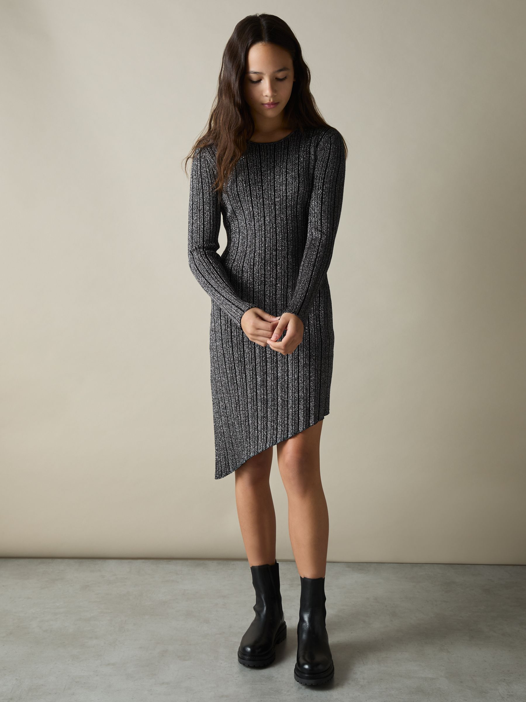 13-14 yrs Metallic Ribbed Asymmetric Dress in Black