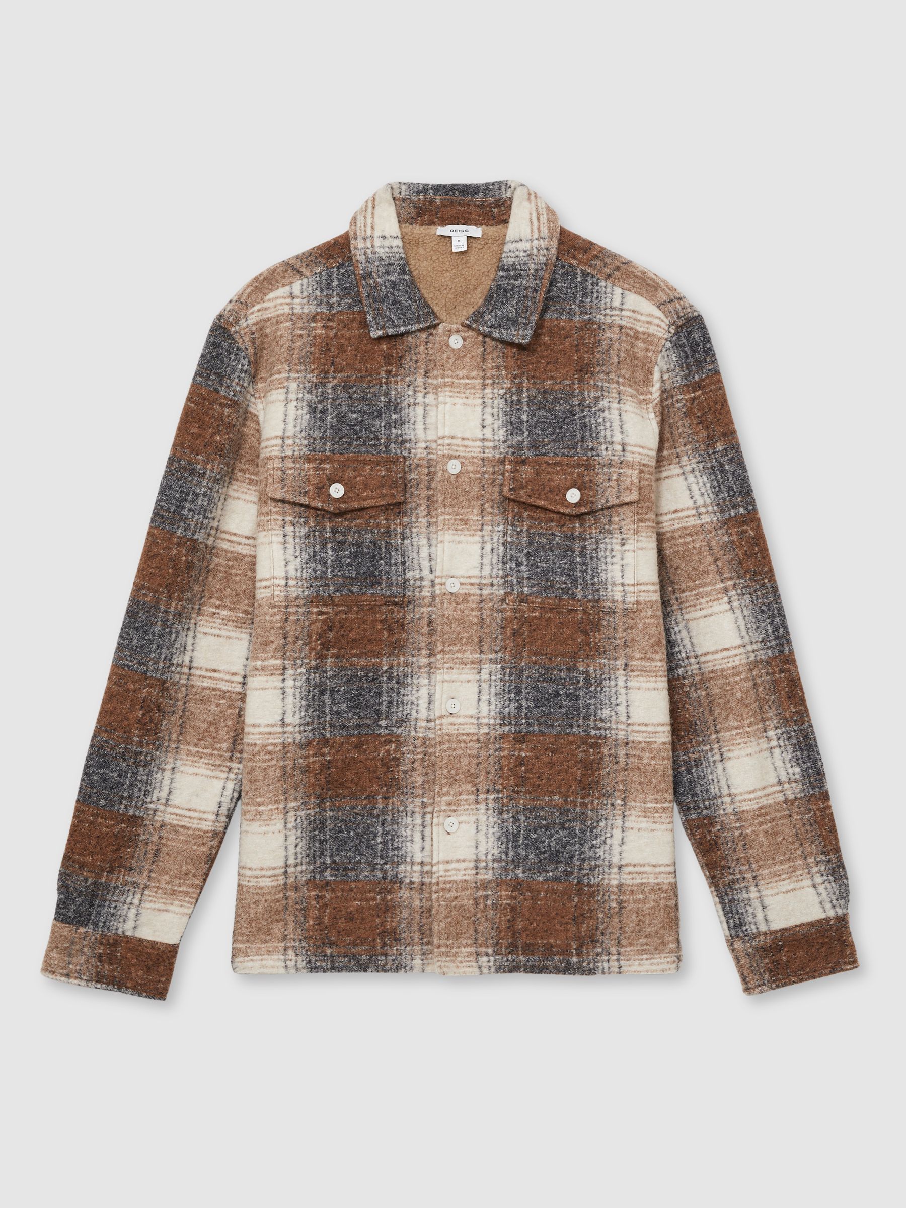 Brushed Check Fleece-Lined Overshirt in Brown