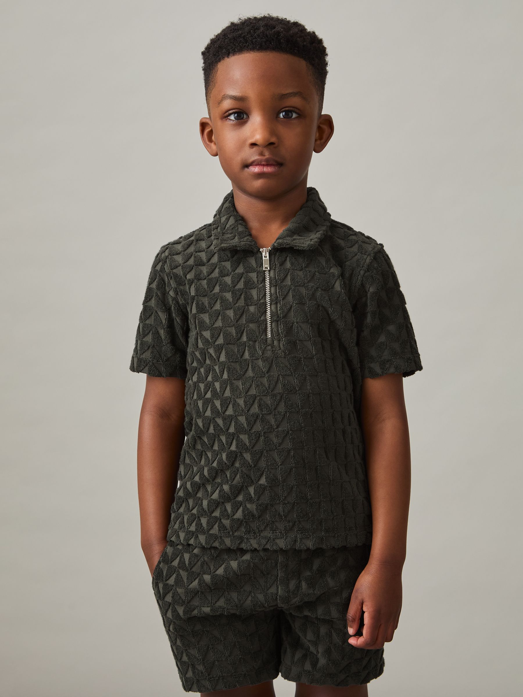 9-13 yrs Textured Towelling Polo Shirt in Dark Sage