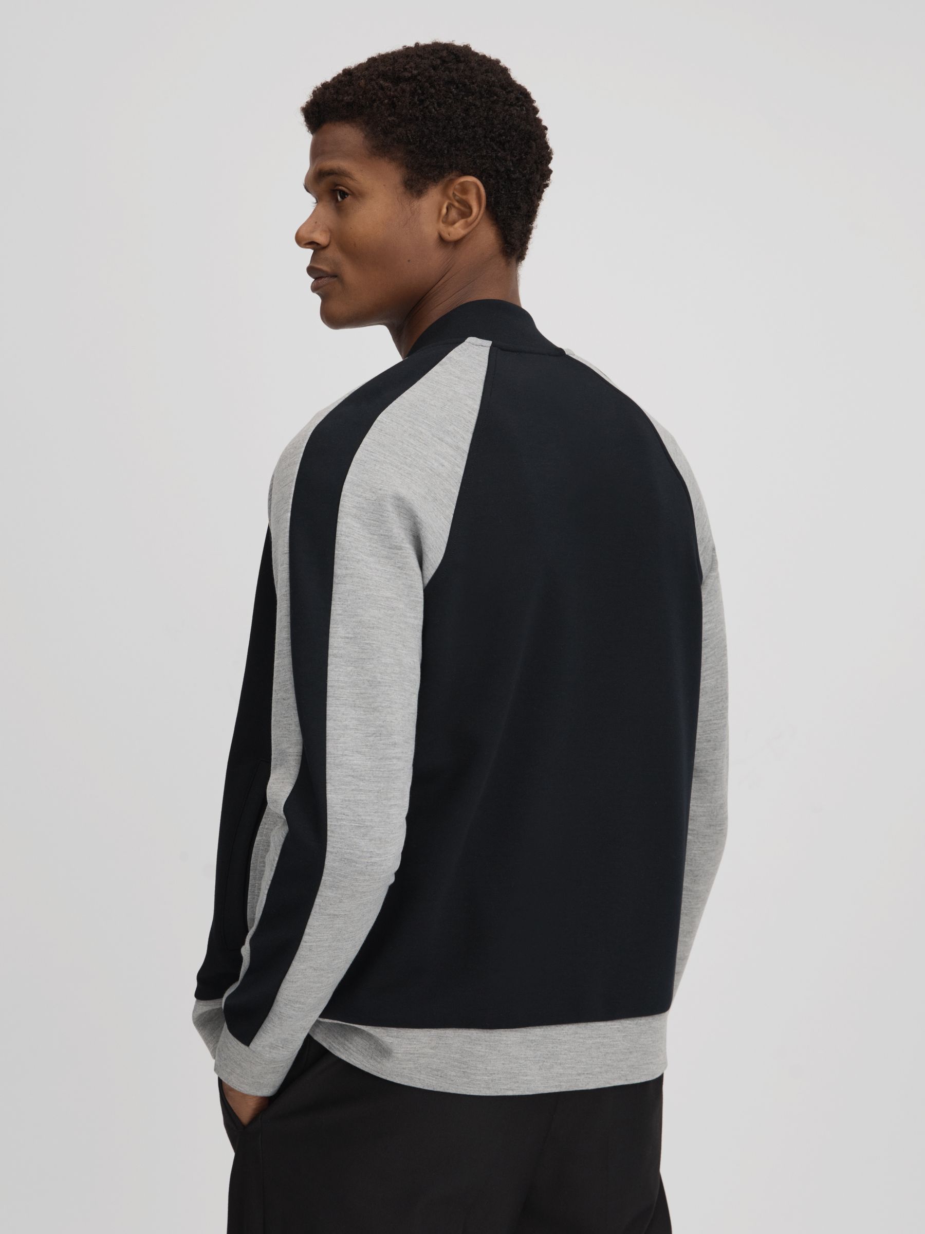 Colourblock Jersey Bomber Jacket in Navy/Grey