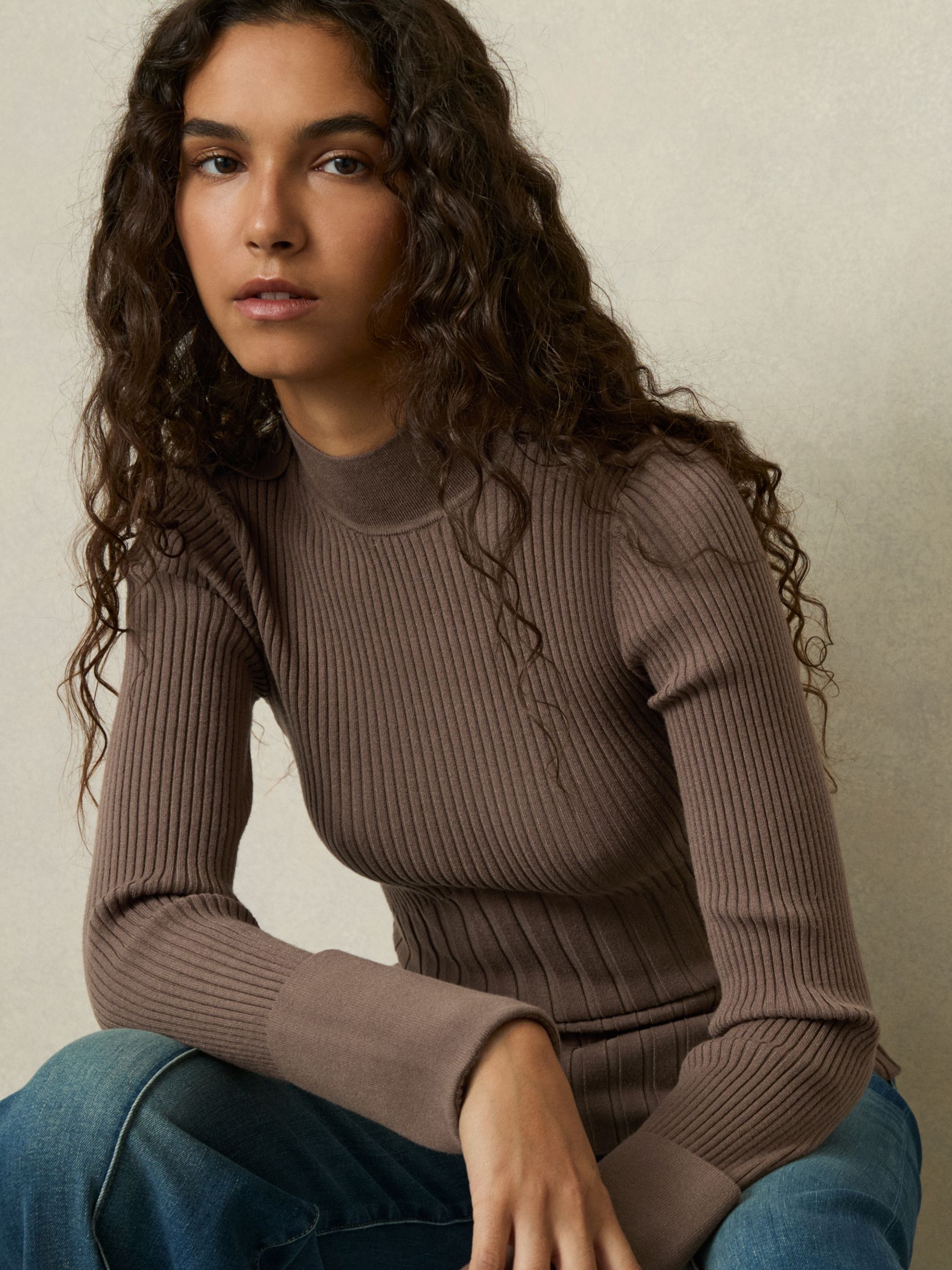 Rib-Knit High-Neck Top in Mink
