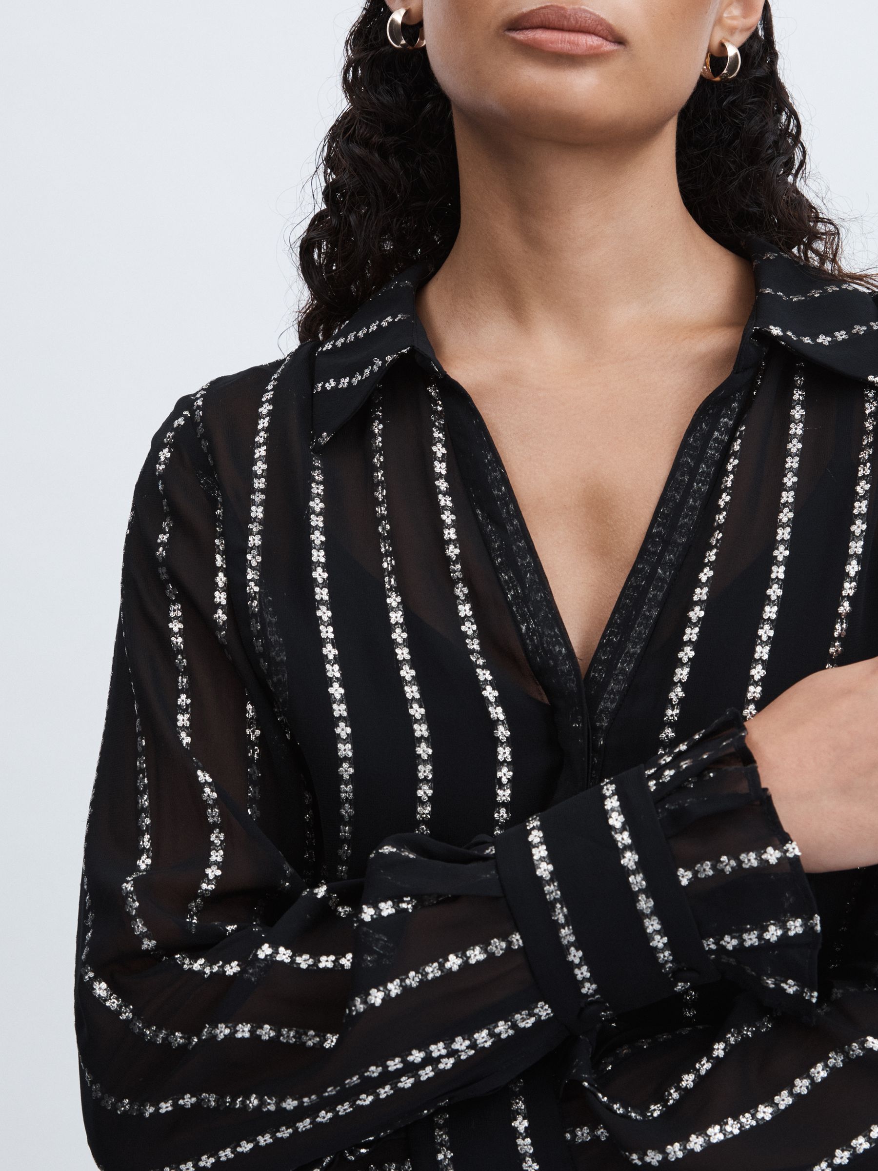 Paige Sheer Floral-Stripe Blouse in Black