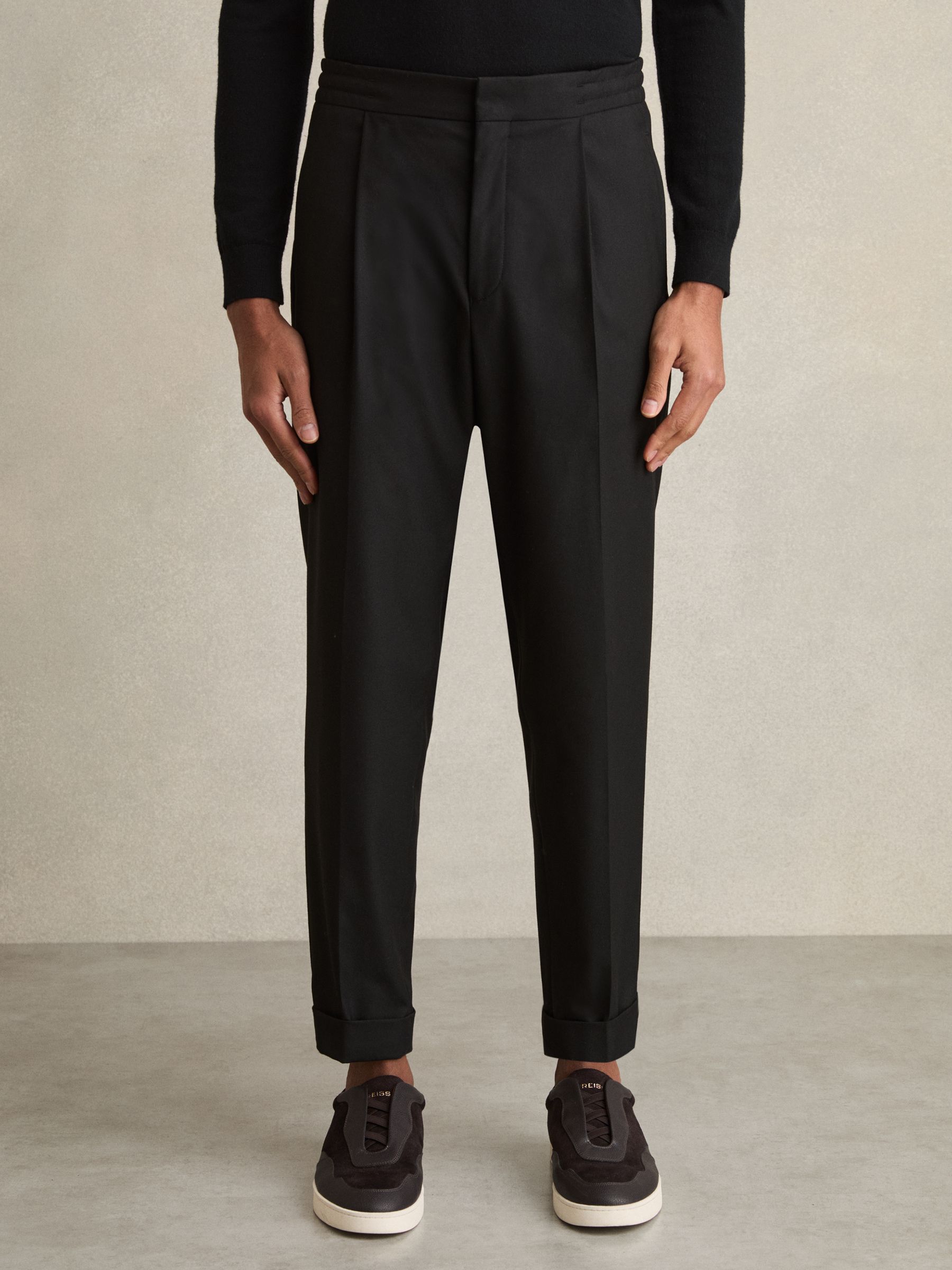 Relaxed Drawstring Trousers with Turn-Ups in Black