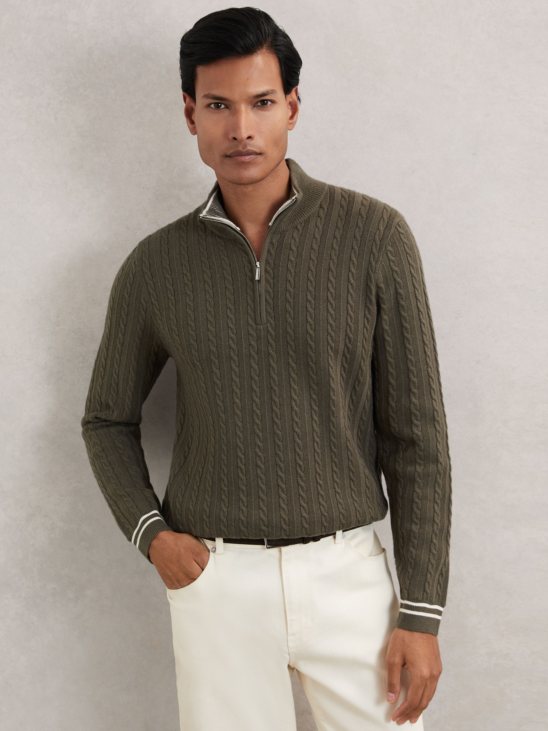Half-Zip Cable Knit Jumper With Wool in Khaki Green