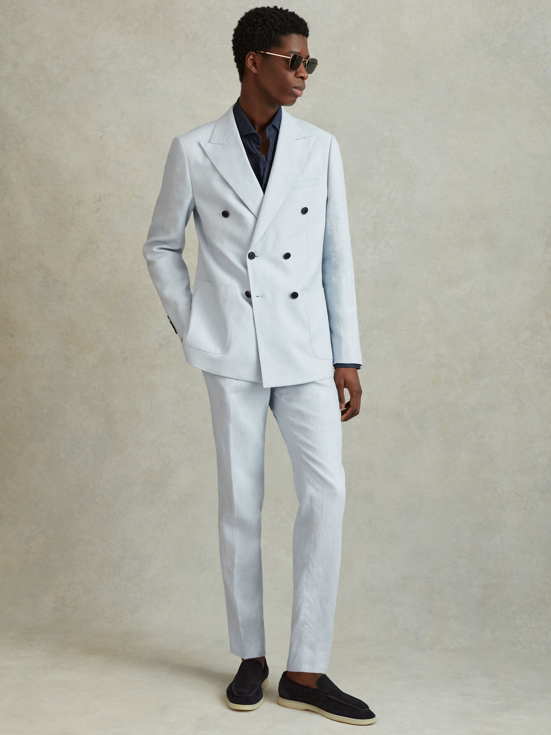 Double Breasted 100% Linen Slim Fit Blazer in Soft Blue