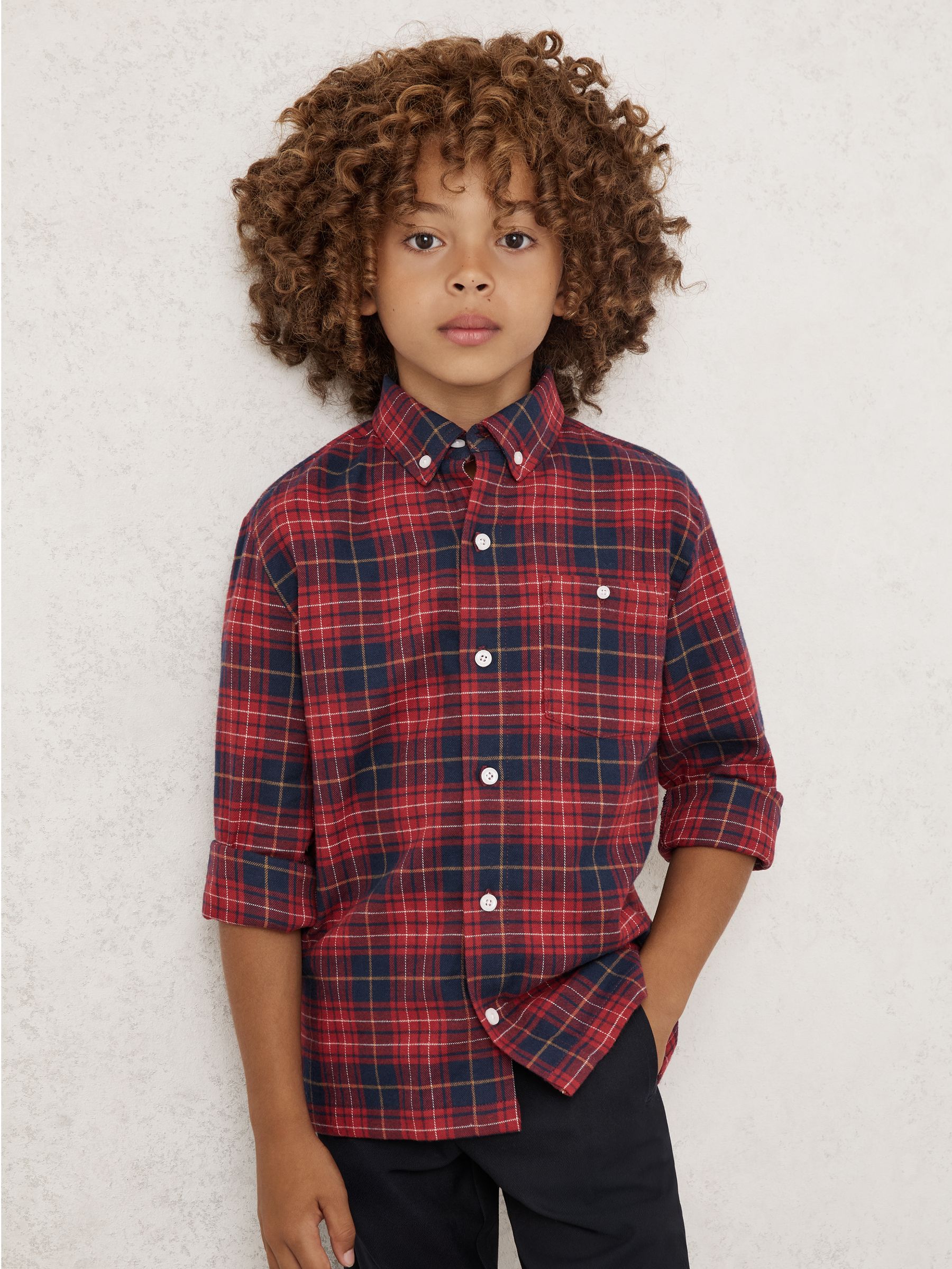 Cotton Button-Through Tartan Shirt in Red/Navy Blue
