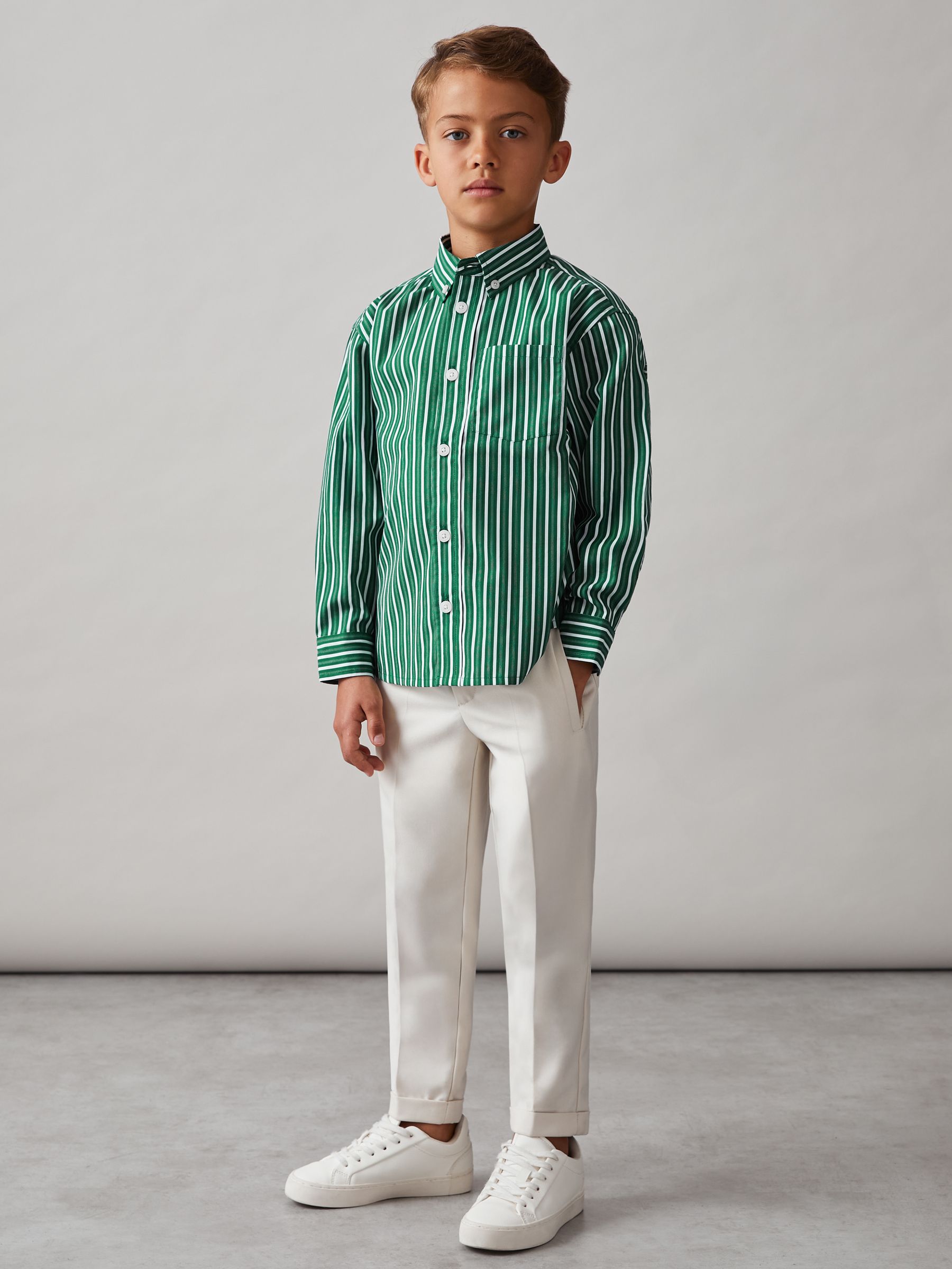 9-13 yrs Cotton-Poplin Striped Oversize Shirt in Green/White