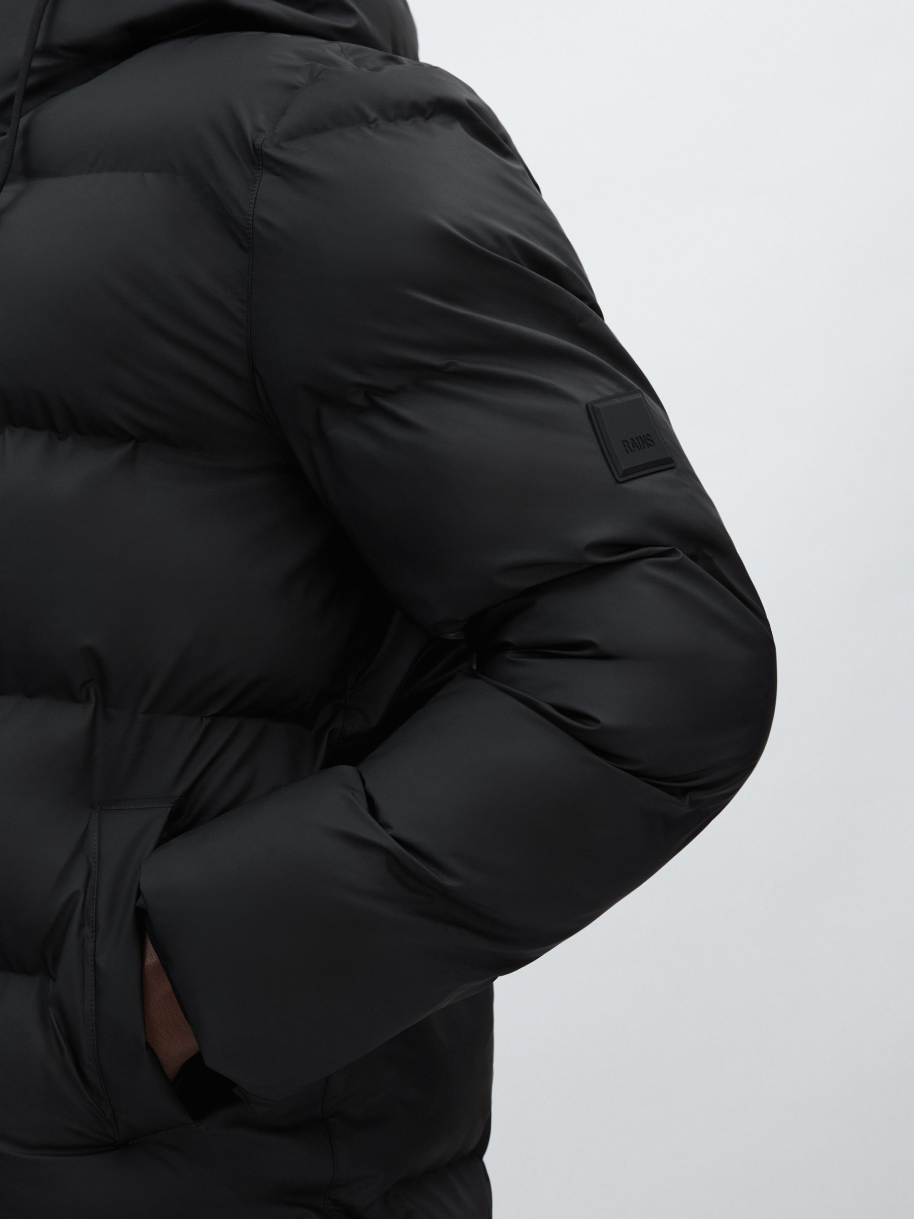 Rains Long Hooded Puffer Jacket in Black