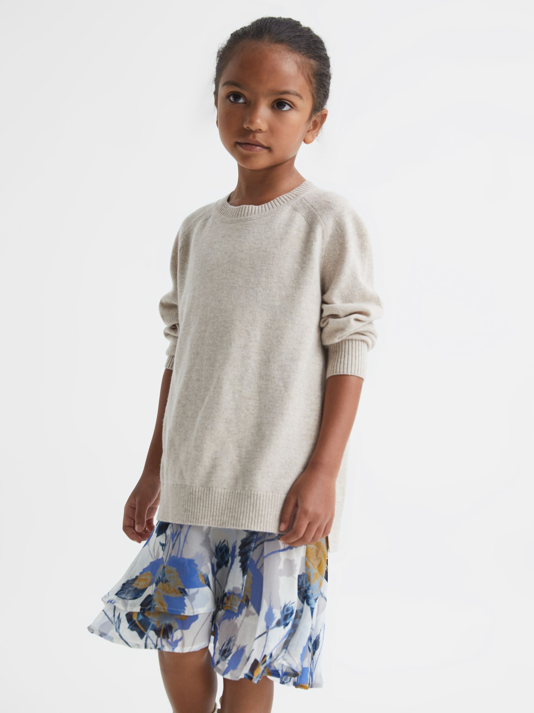 Senior Printed Dress With Crew Neck Jumper in Blue Print