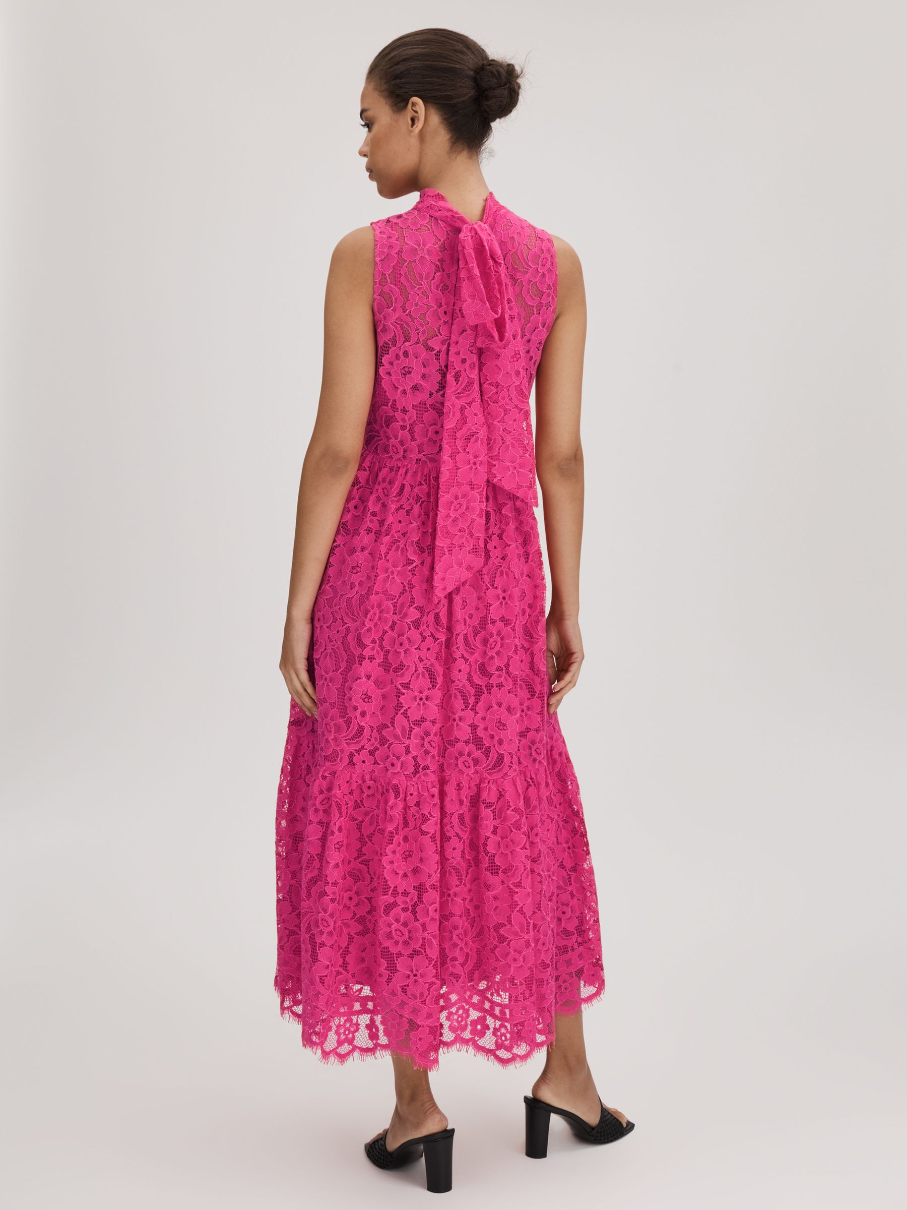 Florere Lace Tie Back Midi Dress in Bright Pink