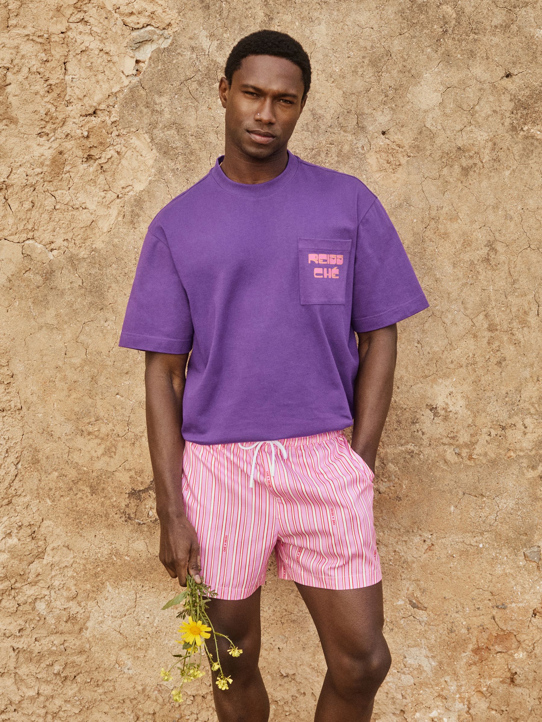 Reiss | Ché Stripe Swim Shorts in Pink/White