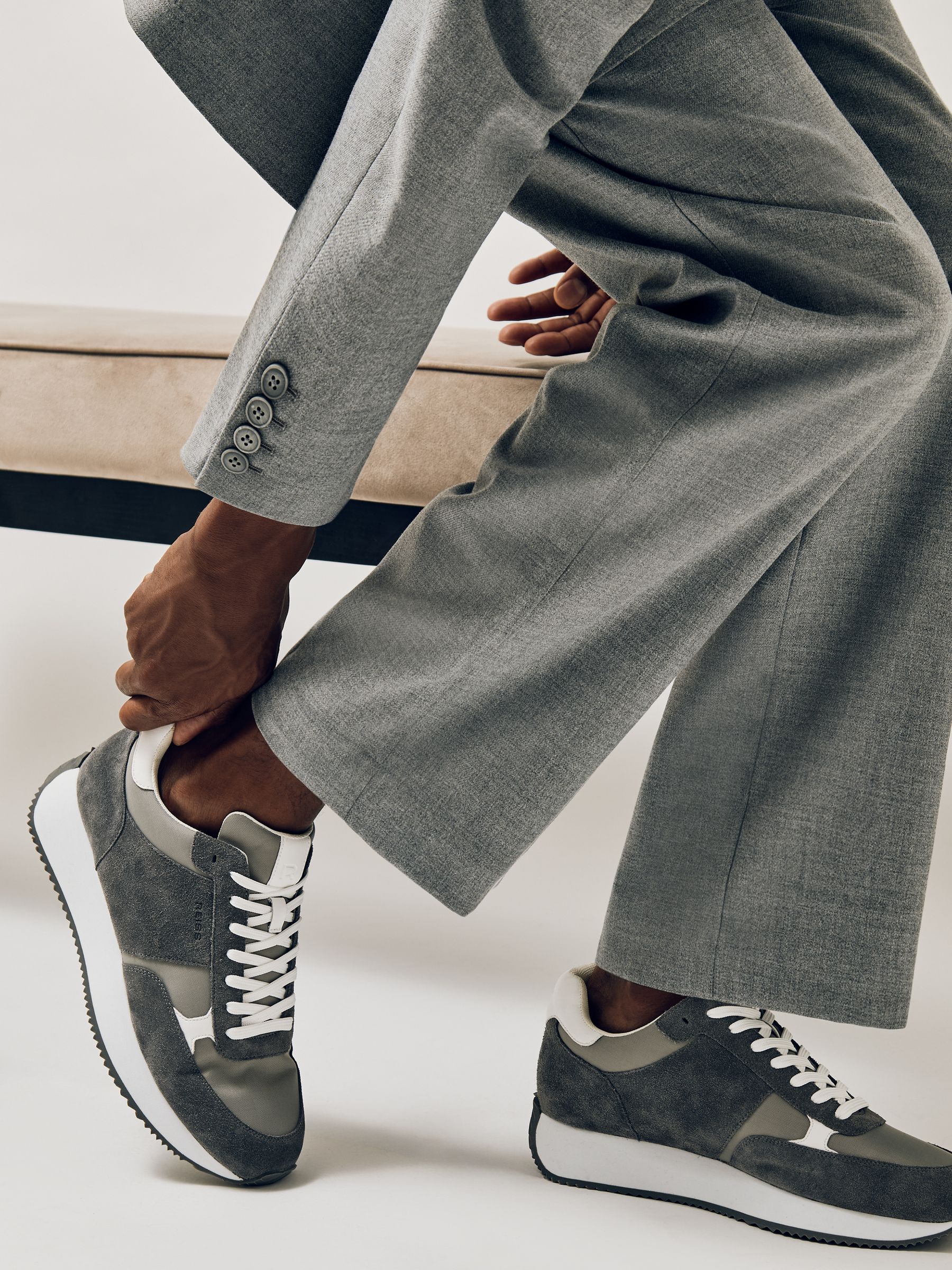 Suede Lace-Up Running Trainers in Graphite Grey